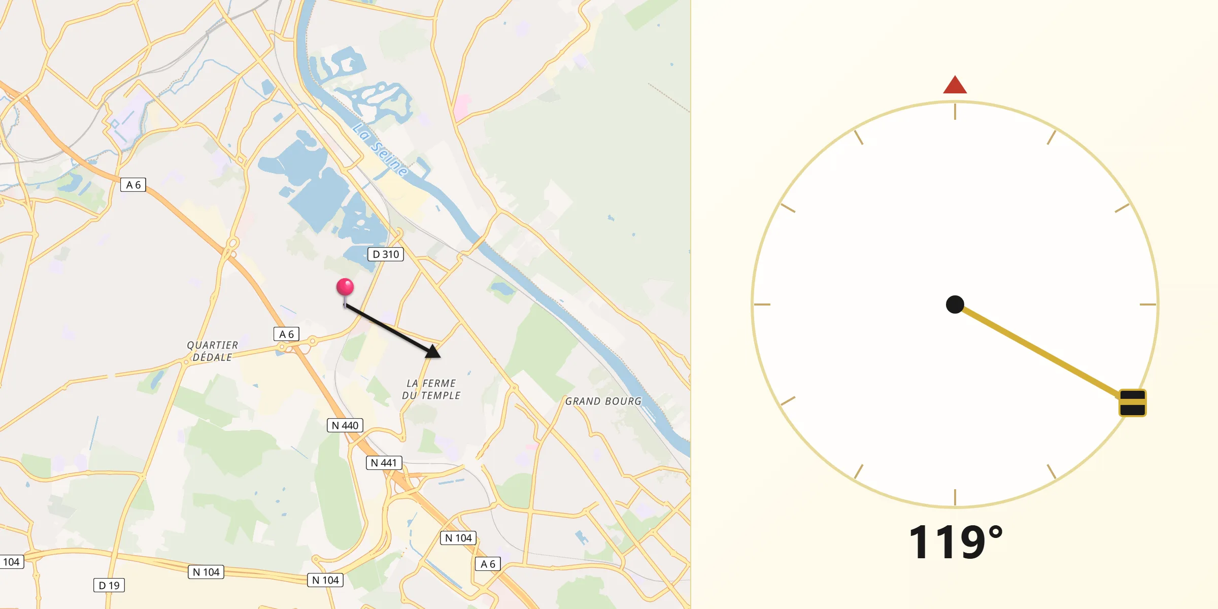 Direction vers la Qibla depuis Grigny
