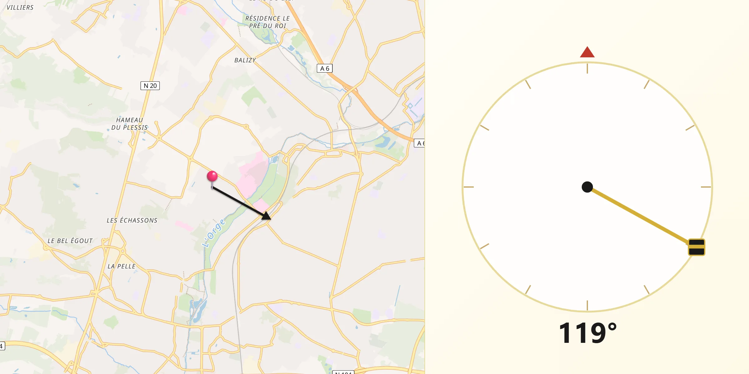 Direction vers la Qibla depuis Villiers-sur-Orge