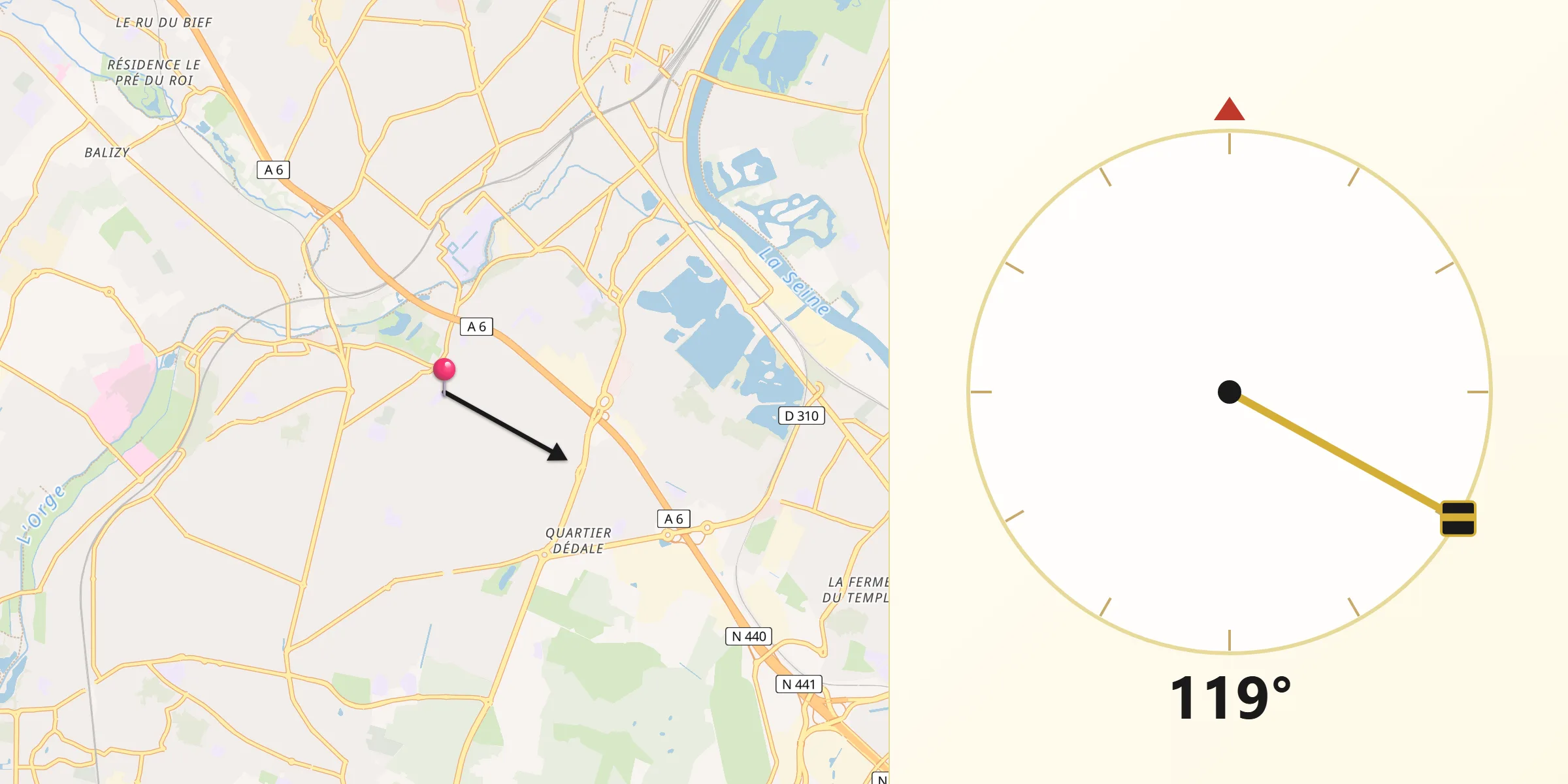 Direction vers la Qibla depuis Morsang-sur-Orge