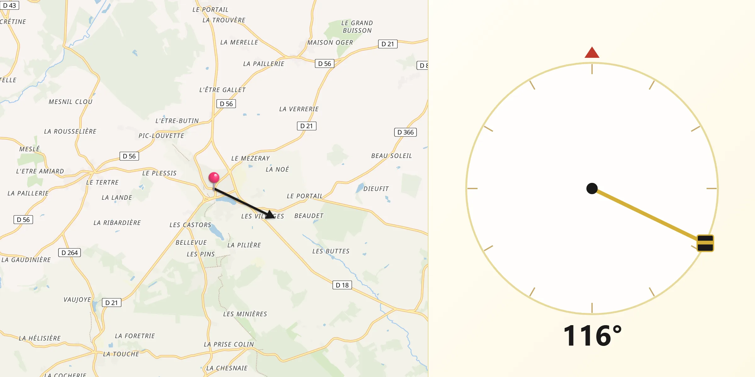 Direction vers la Qibla depuis La Ferrière-aux-Étangs