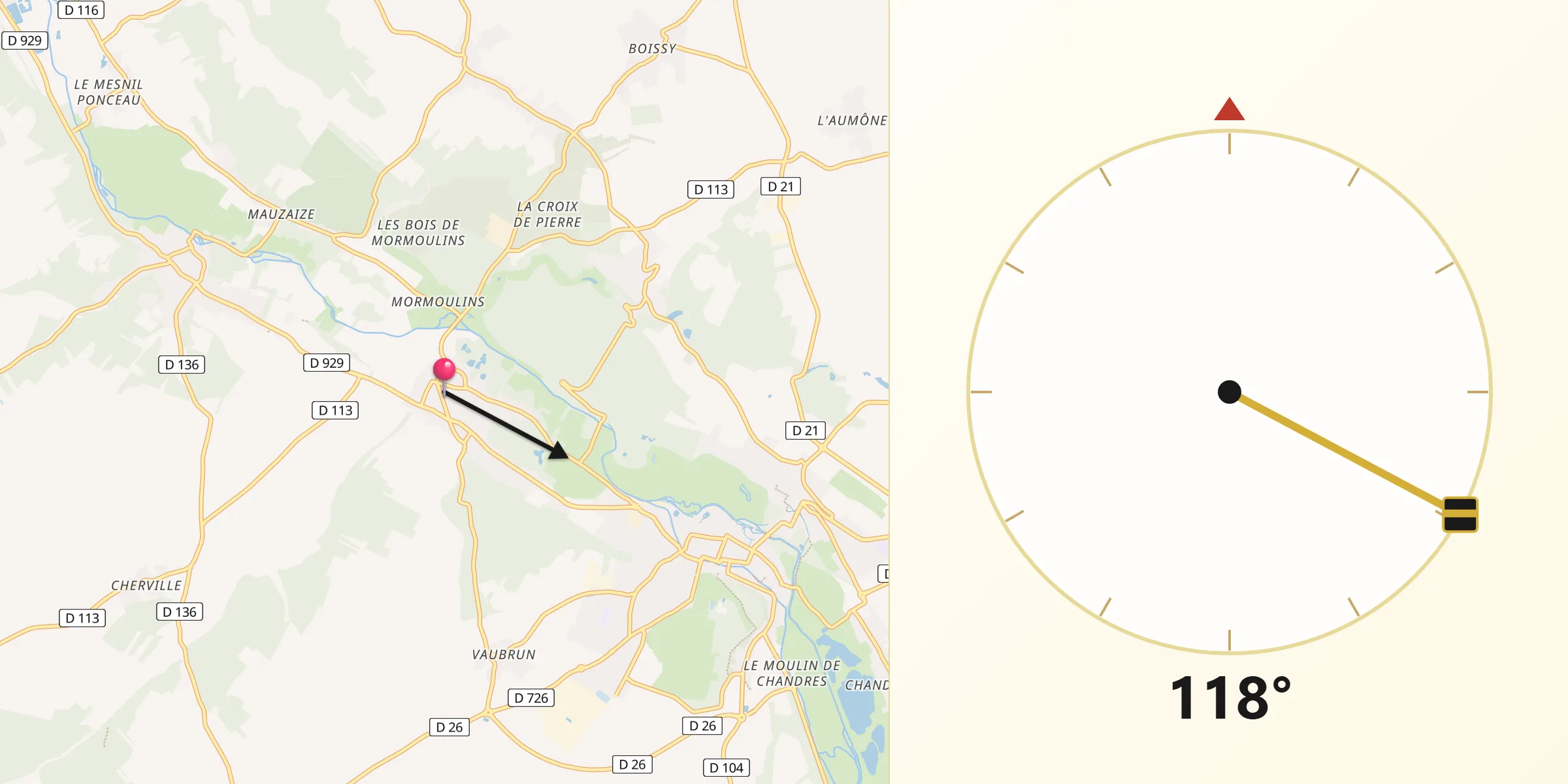 Direction vers la Qibla depuis Chaudon