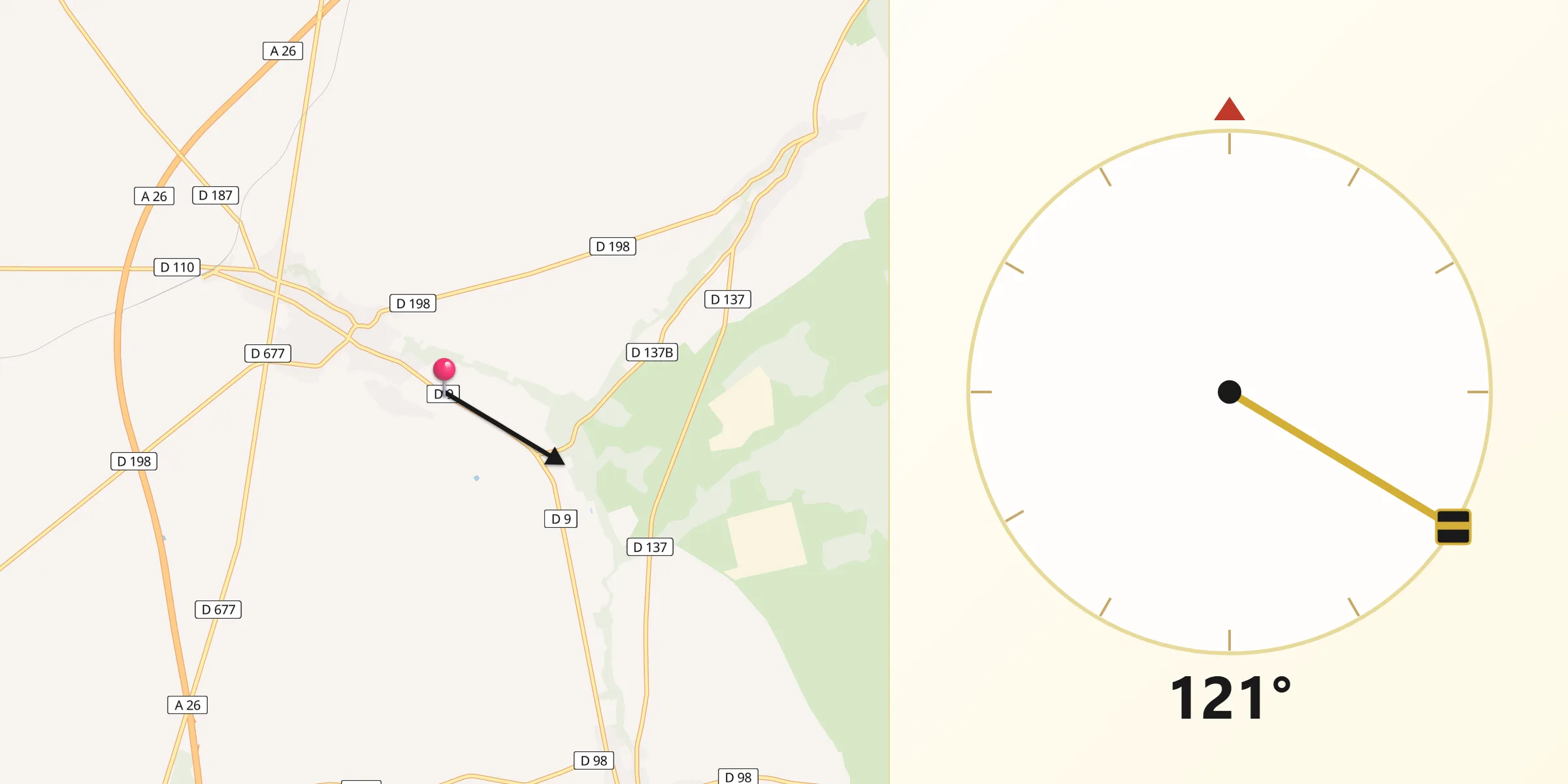 Direction vers la Qibla depuis Mailly-le-Camp