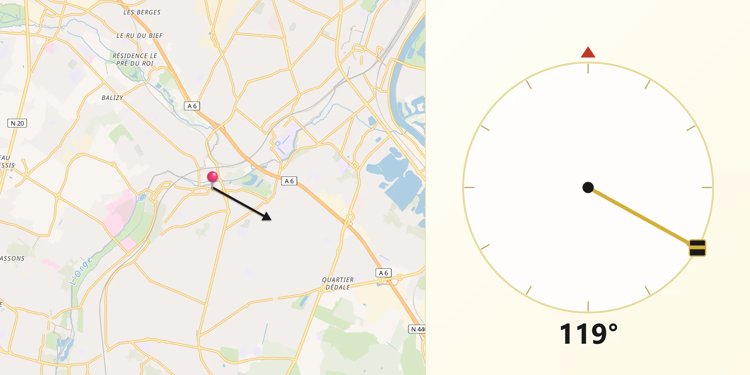 Direction vers la Qibla depuis Villemoisson-sur-Orge