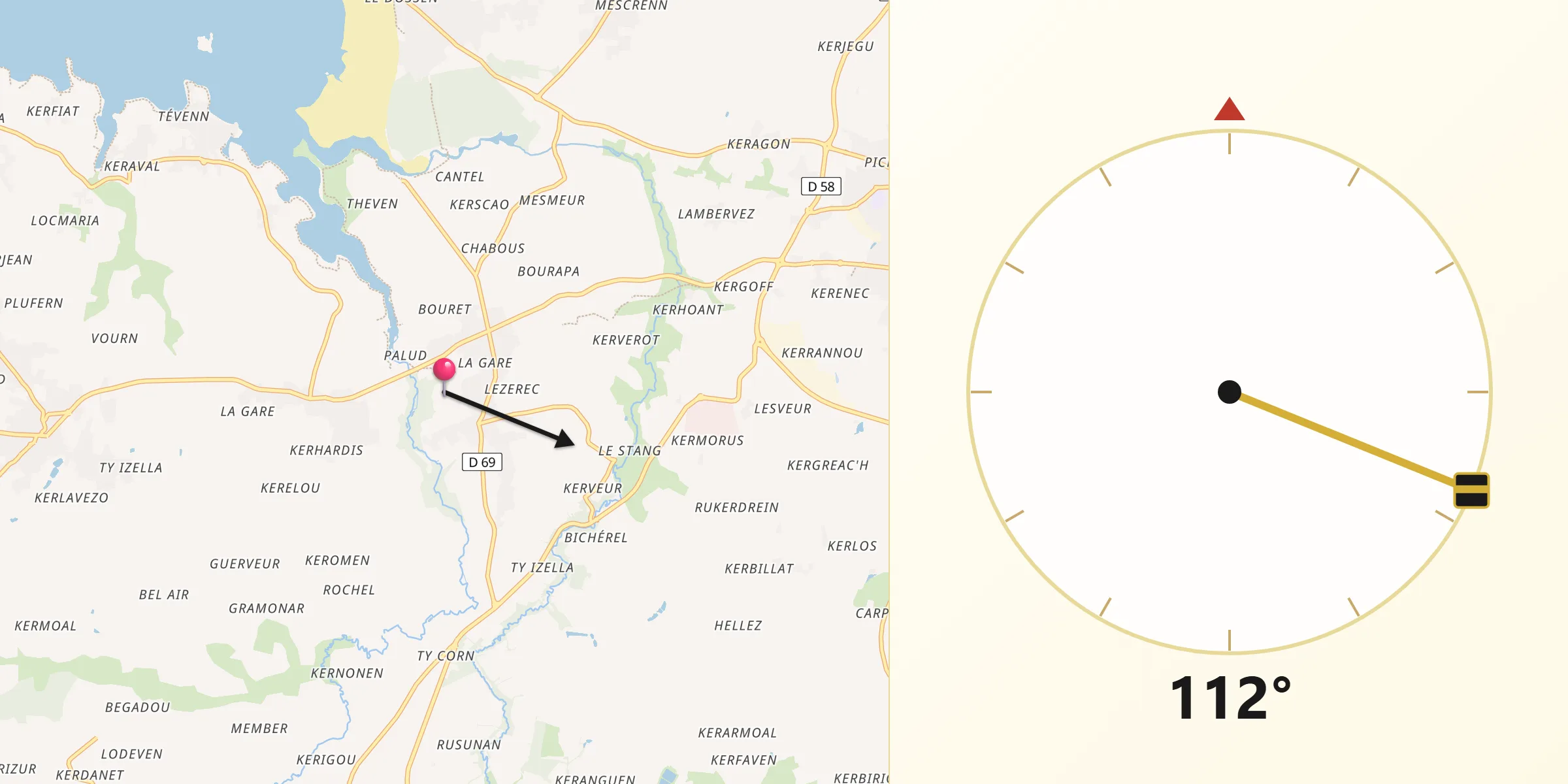 Direction vers la Qibla depuis Plougoulm