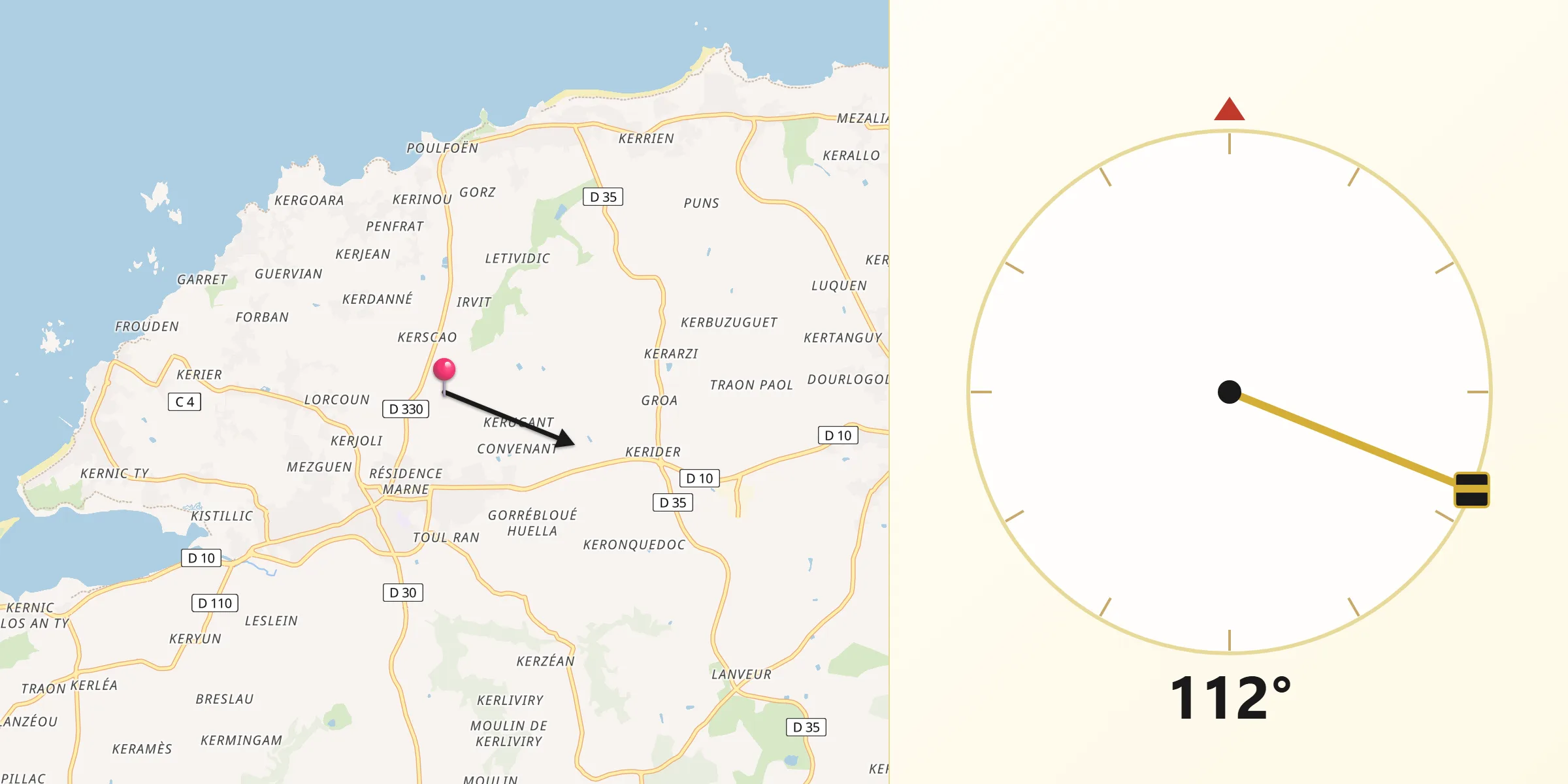 Direction vers la Qibla depuis Plouescat