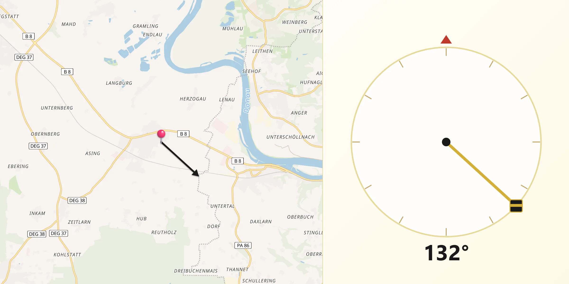 Qibla-Richtung von Künzing