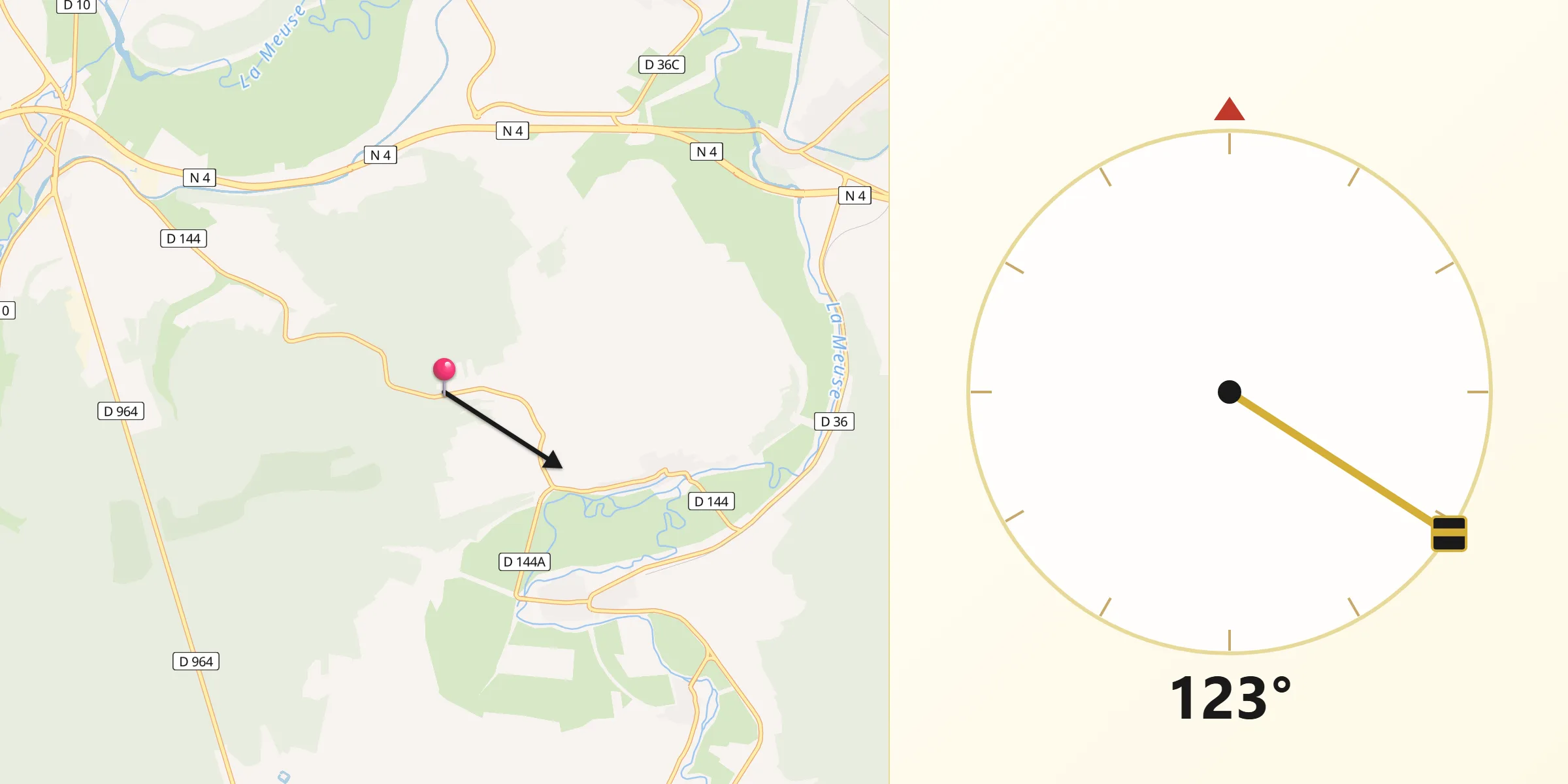 Direction vers la Qibla depuis Ourches-sur-Meuse
