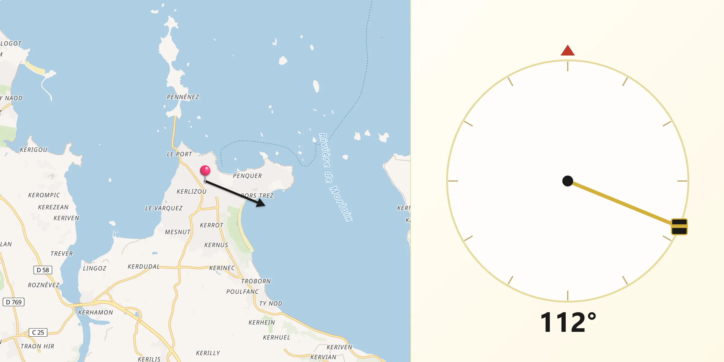 Direction vers la Qibla depuis Carantec