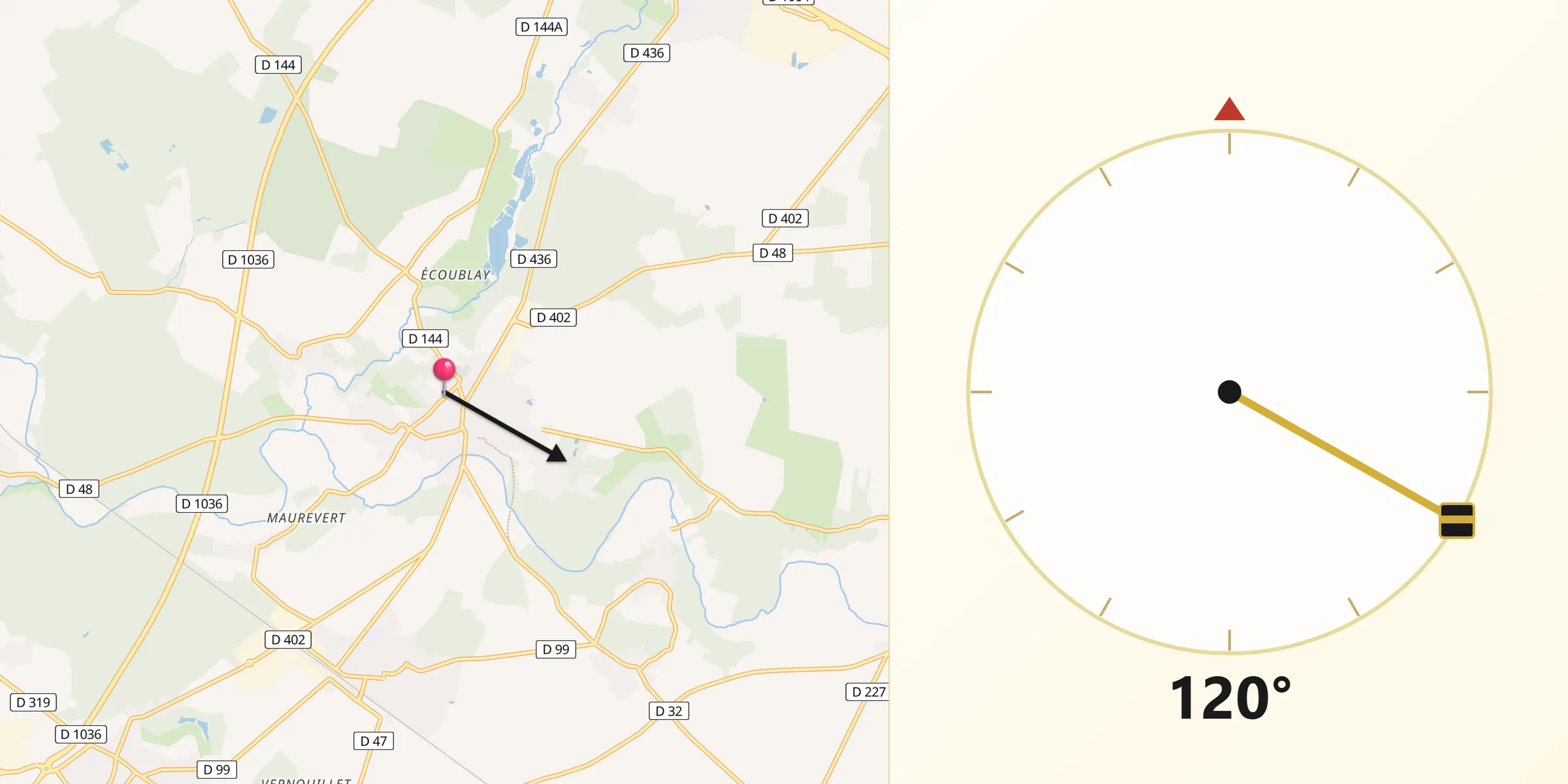 Direction vers la Qibla depuis Chaumes-en-Brie