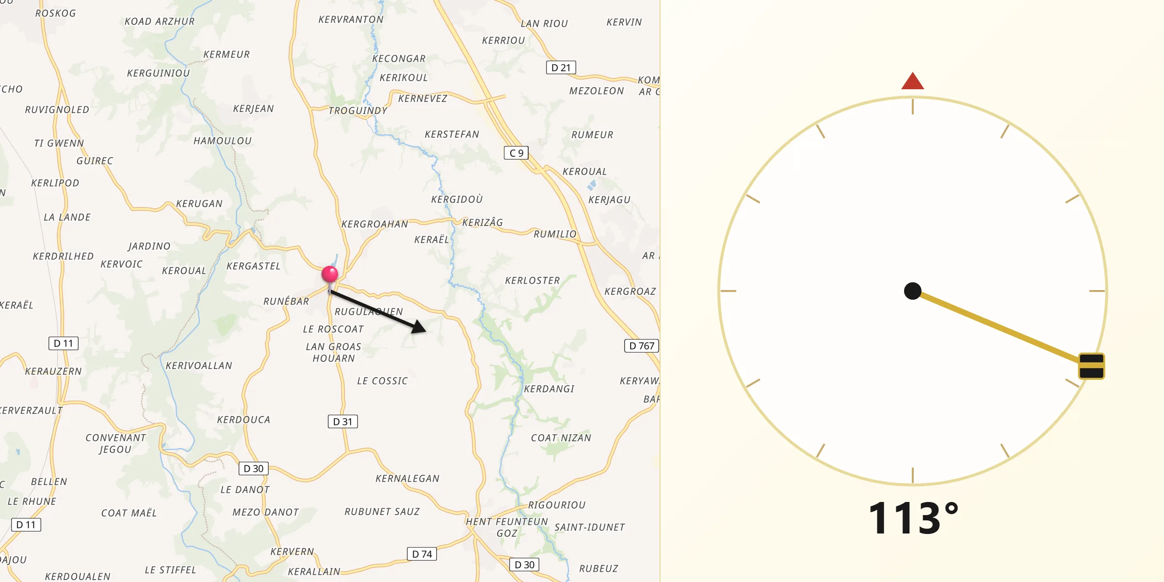 Direction vers la Qibla depuis Tonquédec