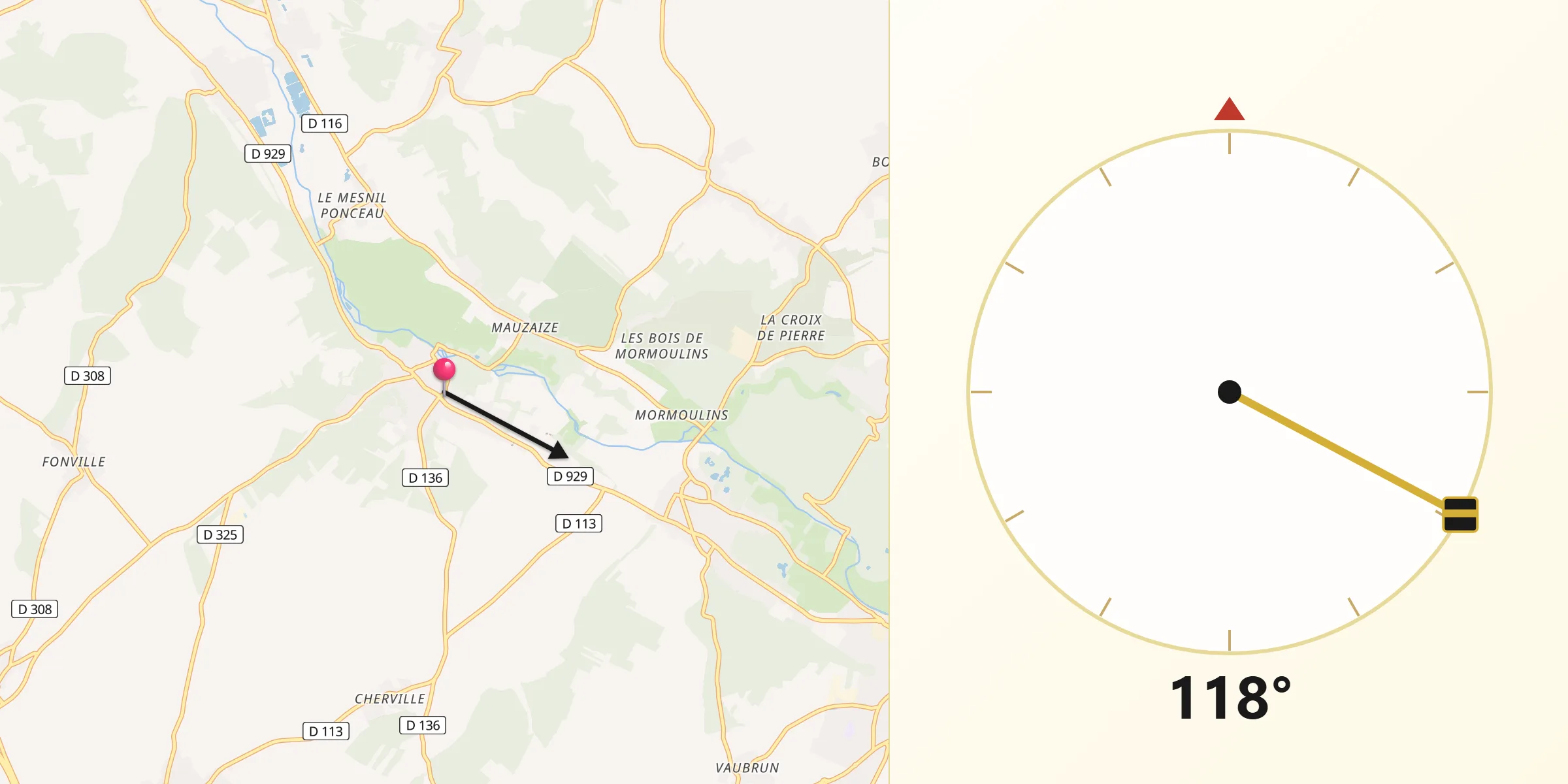 Direction vers la Qibla depuis Villemeux-sur-Eure
