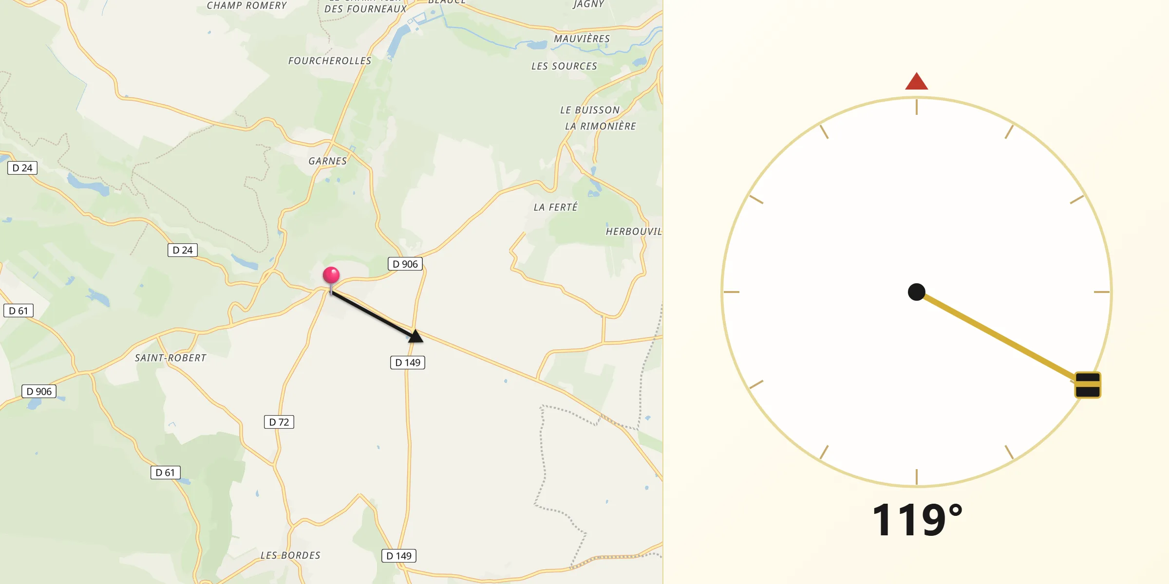 Direction vers la Qibla depuis Cernay-la-Ville