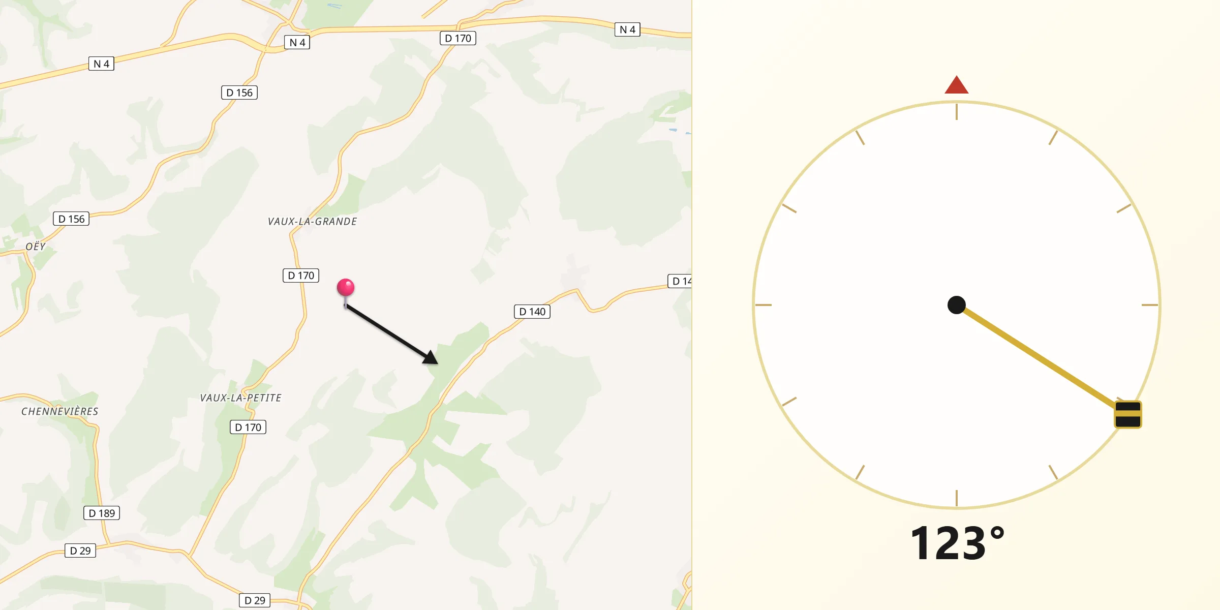 Direction vers la Qibla depuis Méligny-le-Grand