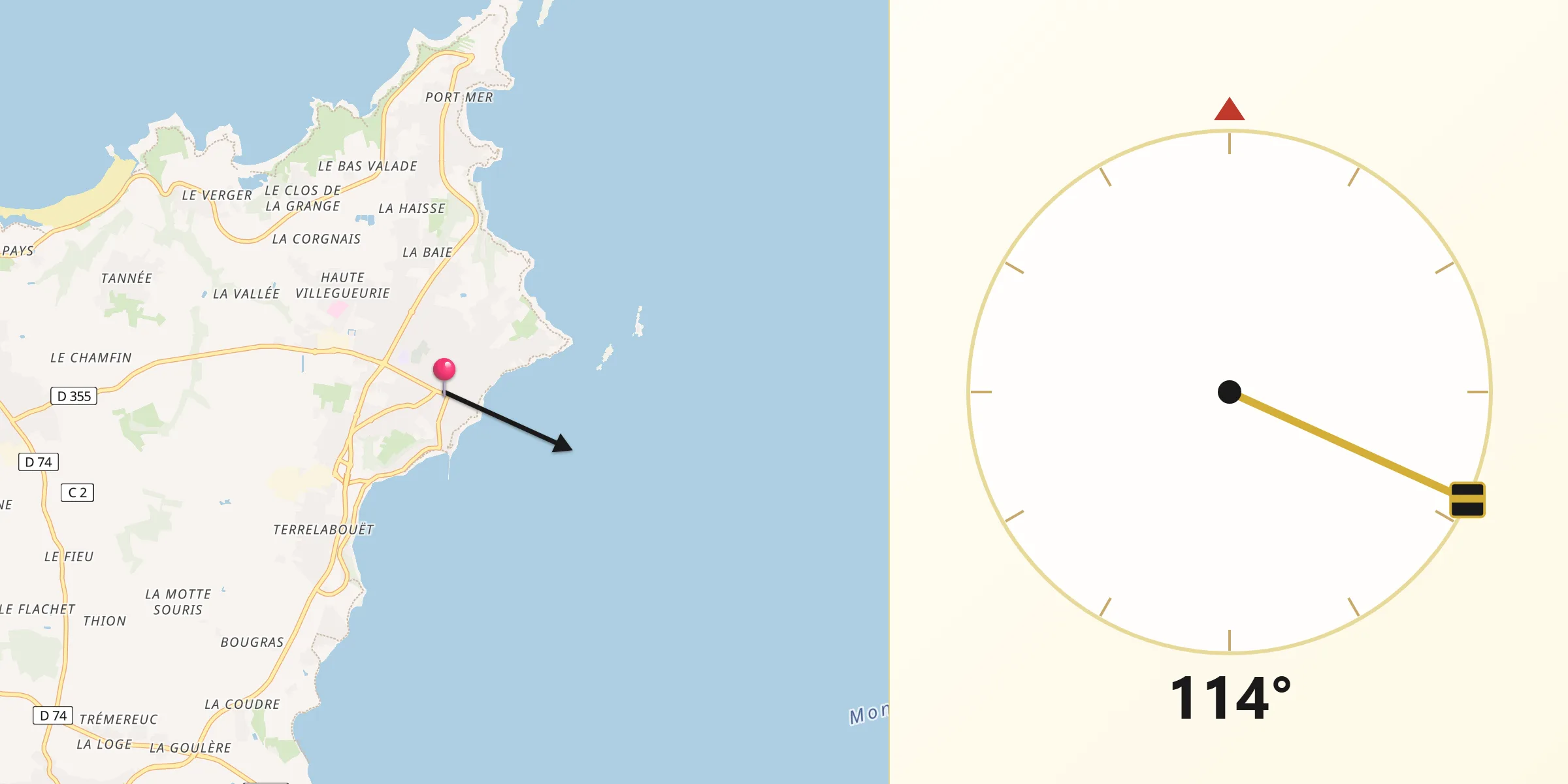 Direction vers la Qibla depuis Cancale
