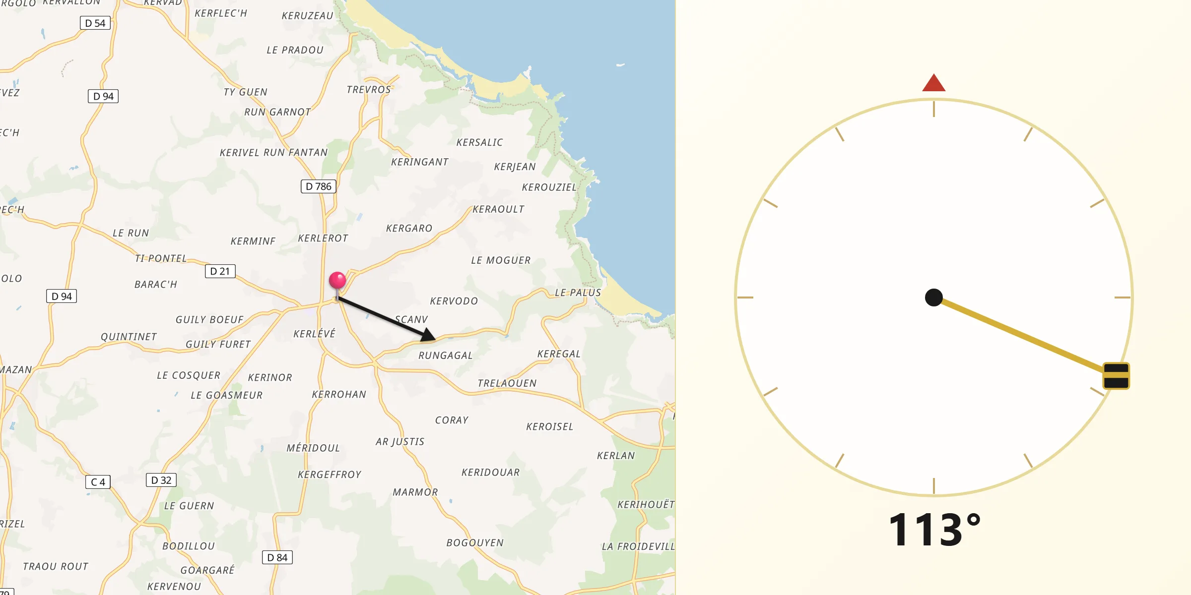 Direction vers la Qibla depuis Plouha