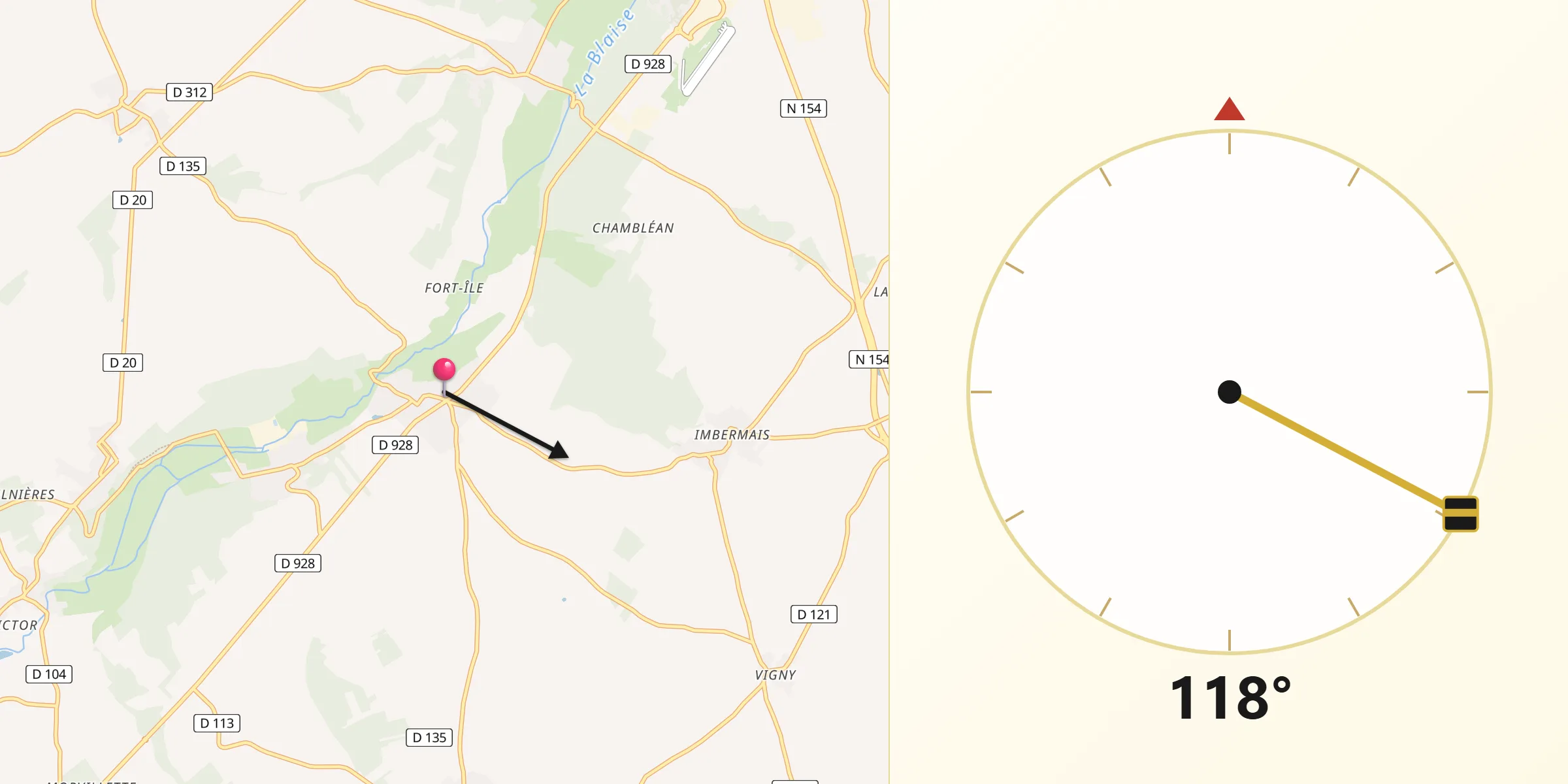 Direction vers la Qibla depuis Tréon