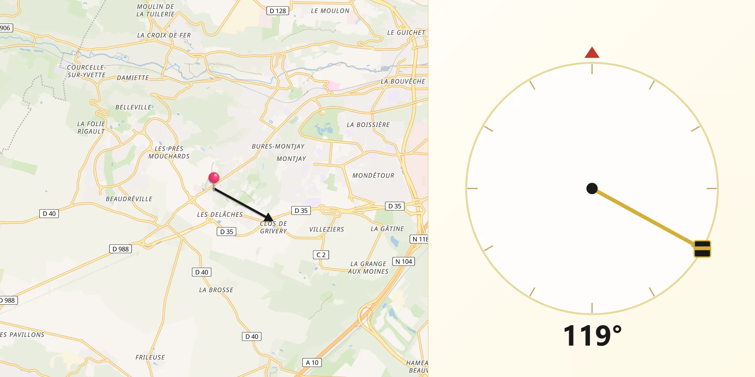 Direction vers la Qibla depuis Gometz-le-Châtel