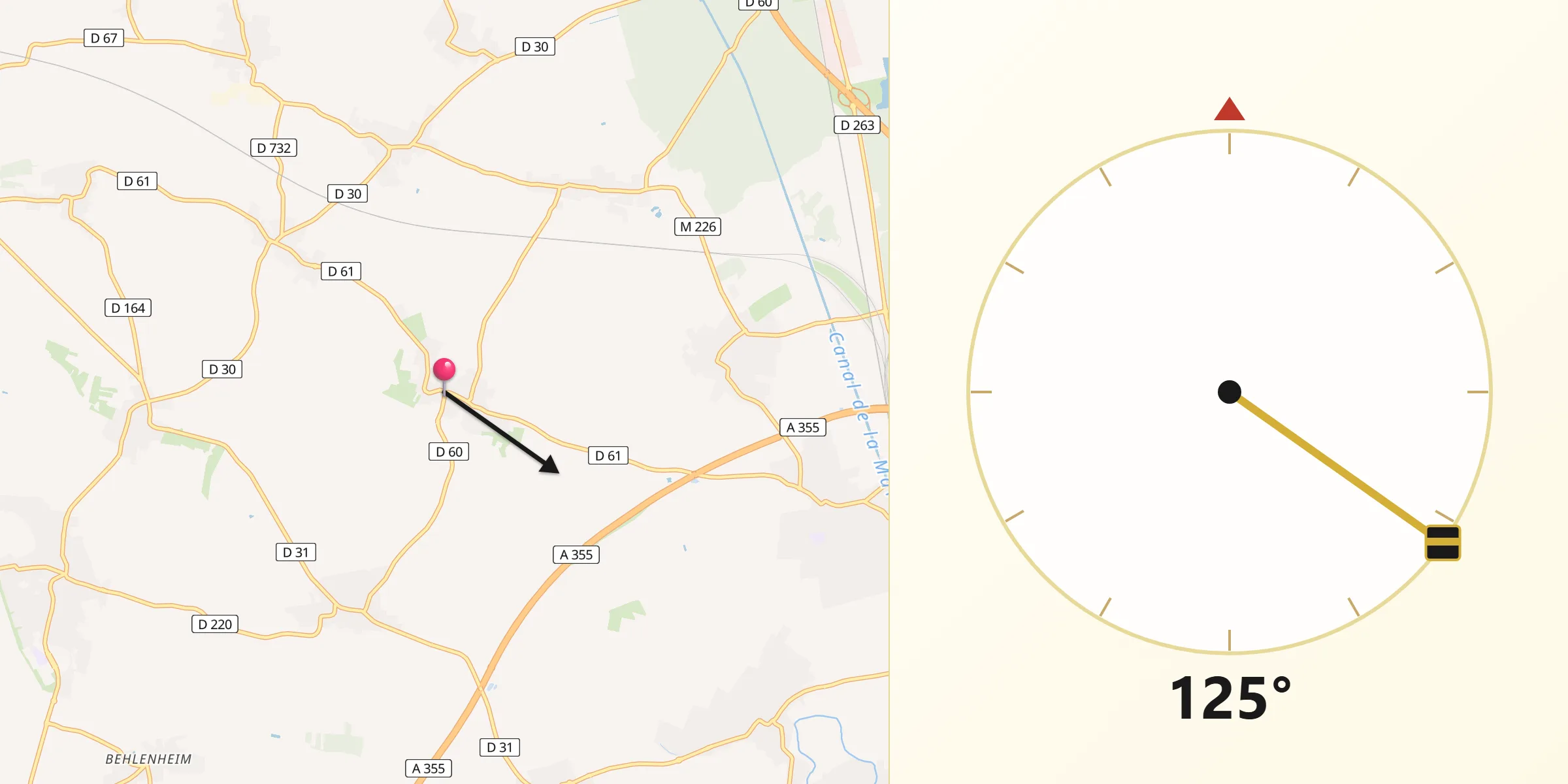 Direction vers la Qibla depuis Berstett