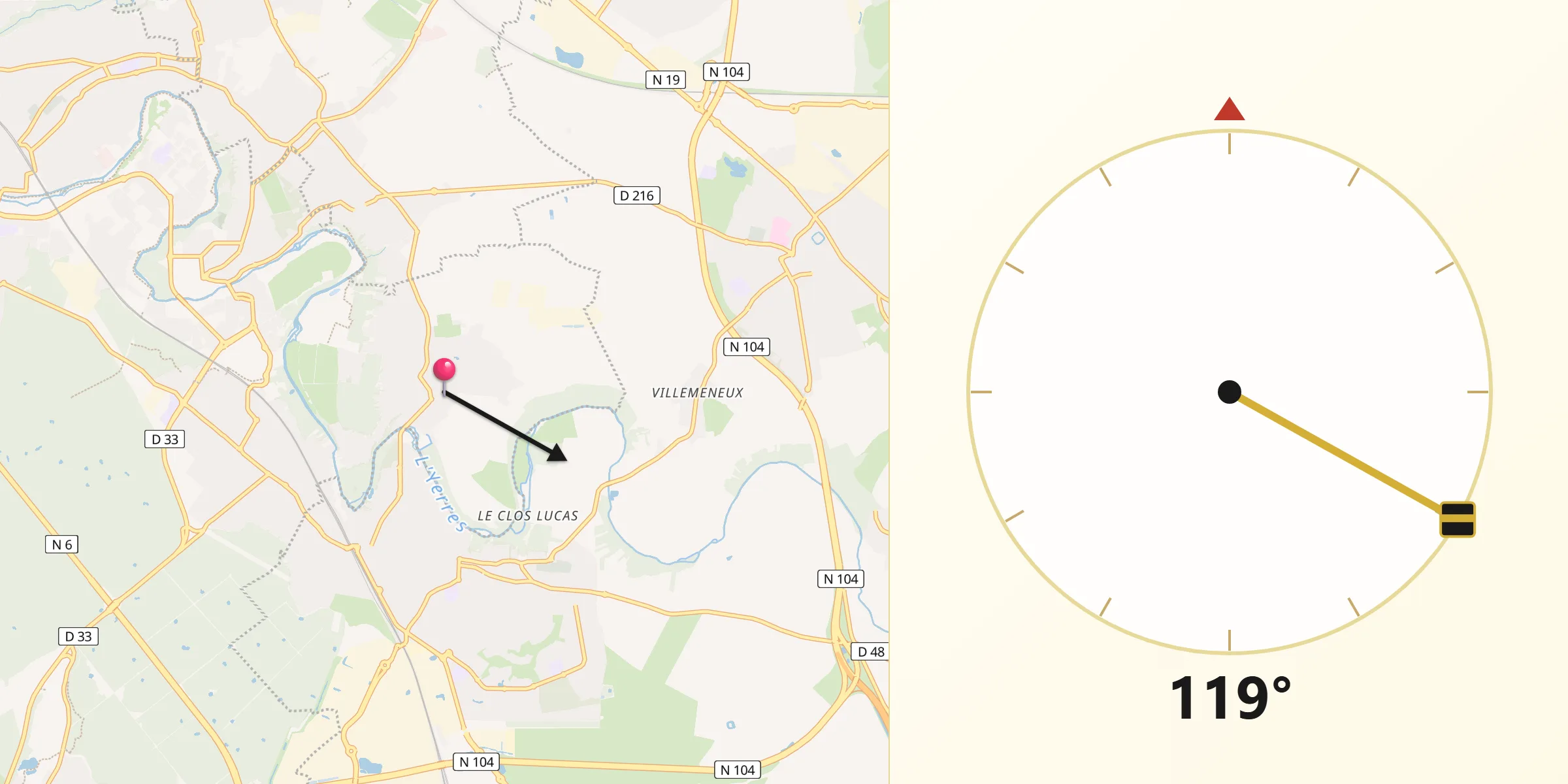 Direction vers la Qibla depuis Varennes-Jarcy