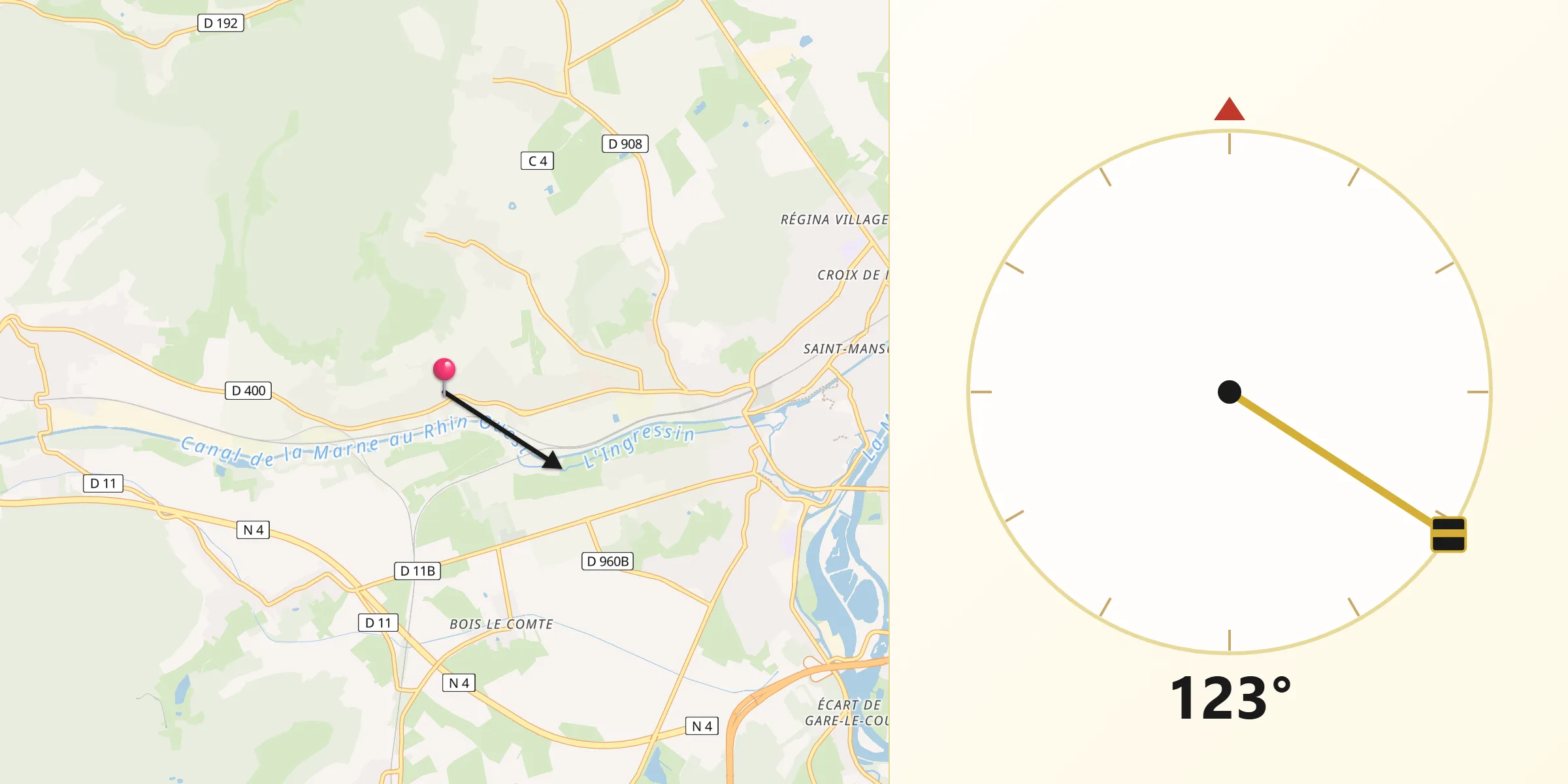 Direction vers la Qibla depuis Écrouves