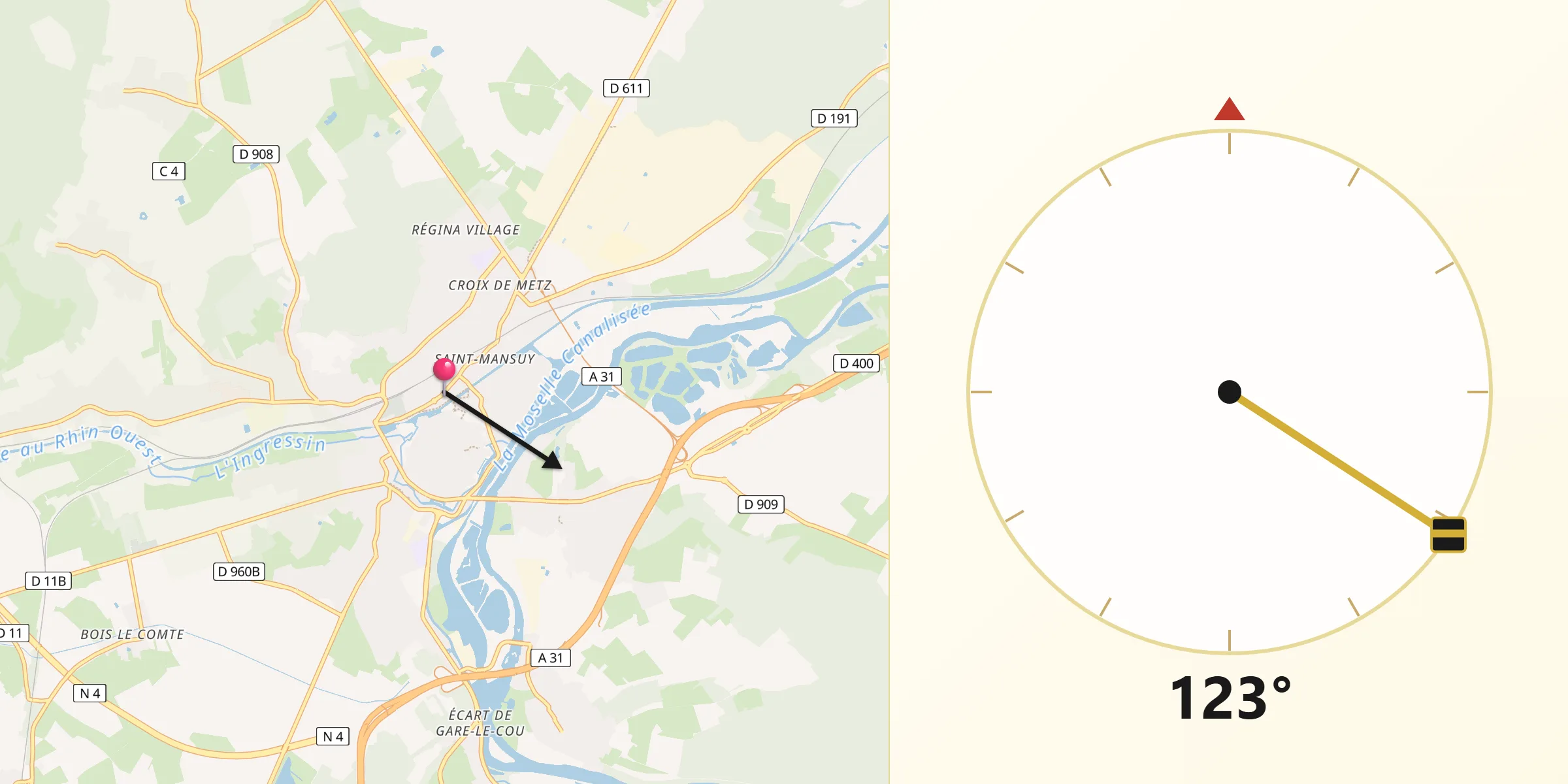 Direction vers la Qibla depuis Toul