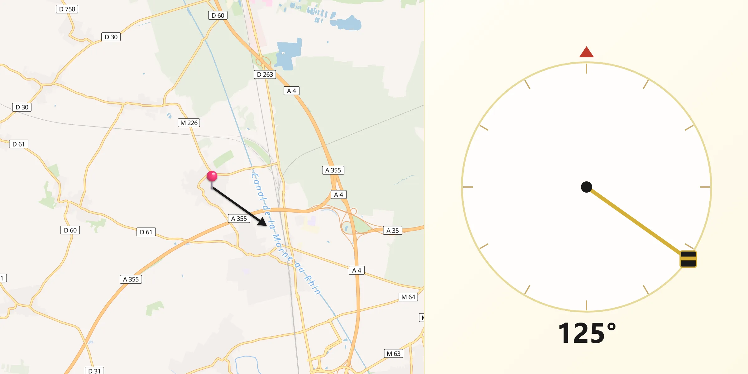 Direction vers la Qibla depuis Eckwersheim