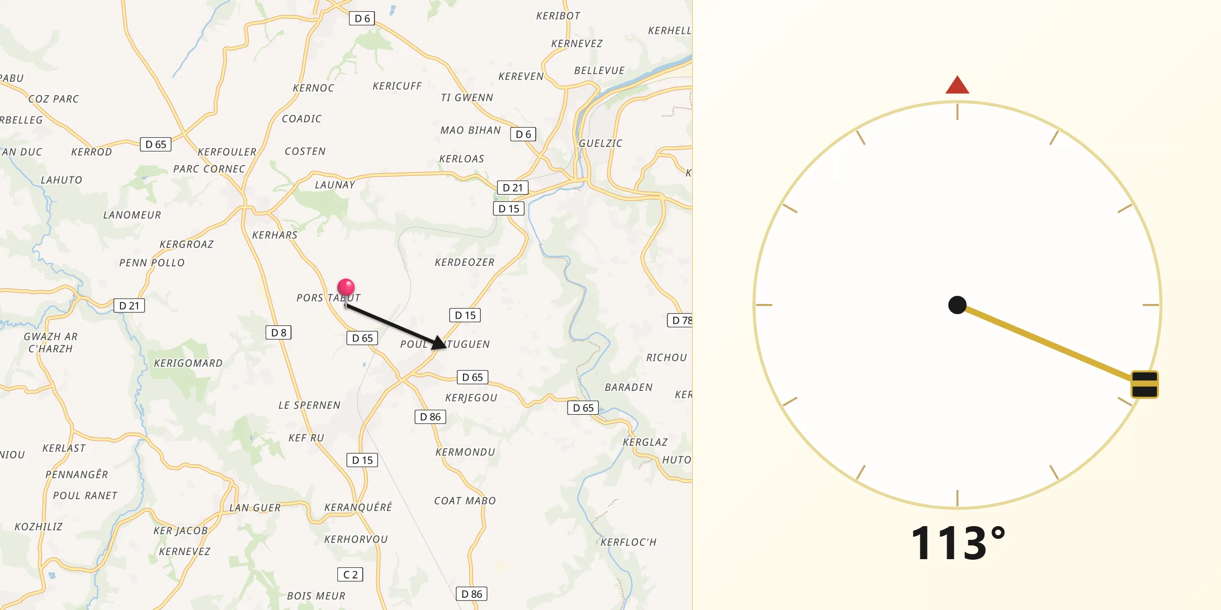 Direction vers la Qibla depuis Plouëc-du-Trieux