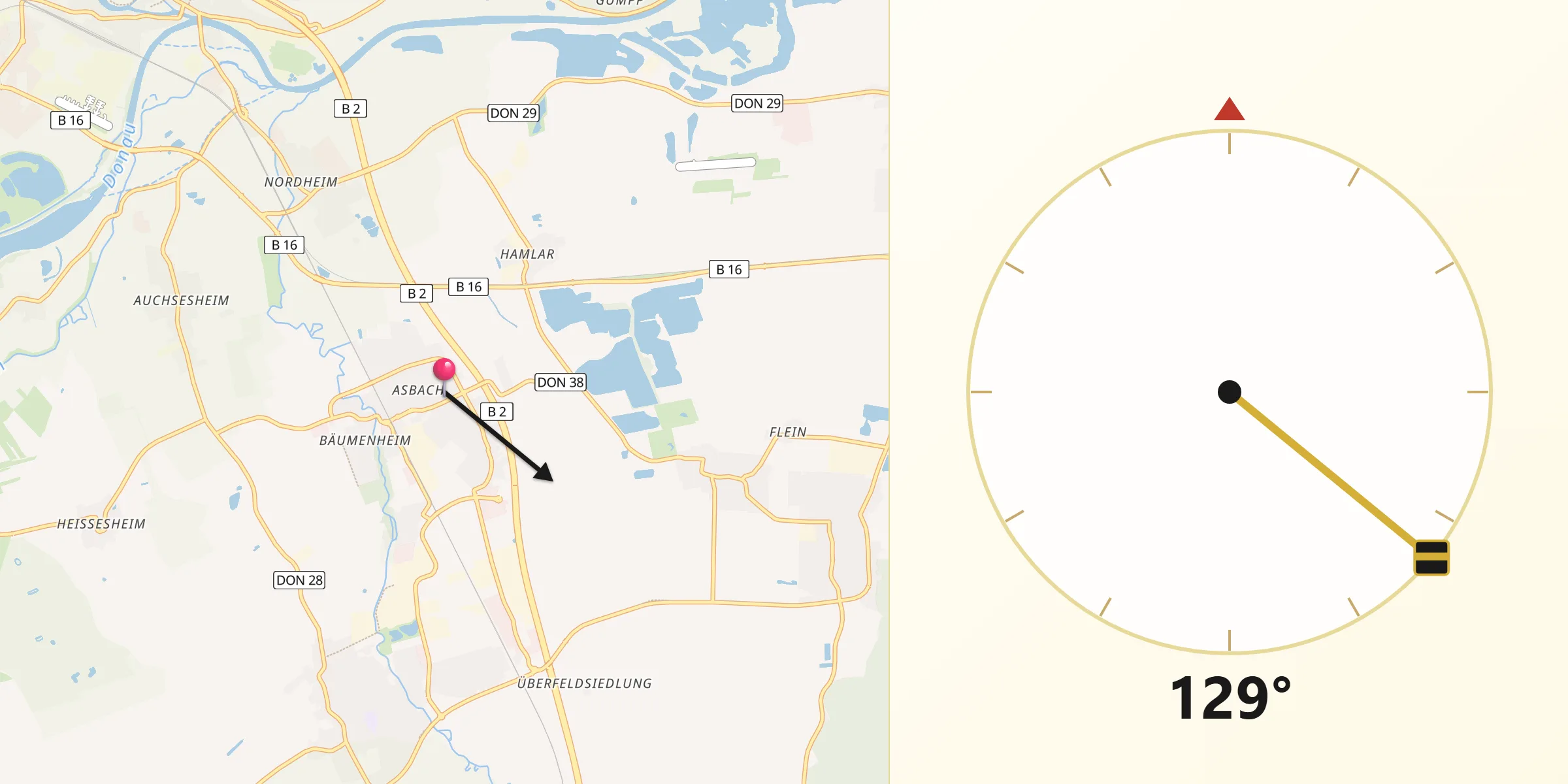 Qibla-Richtung von Asbach-Bäumenheim