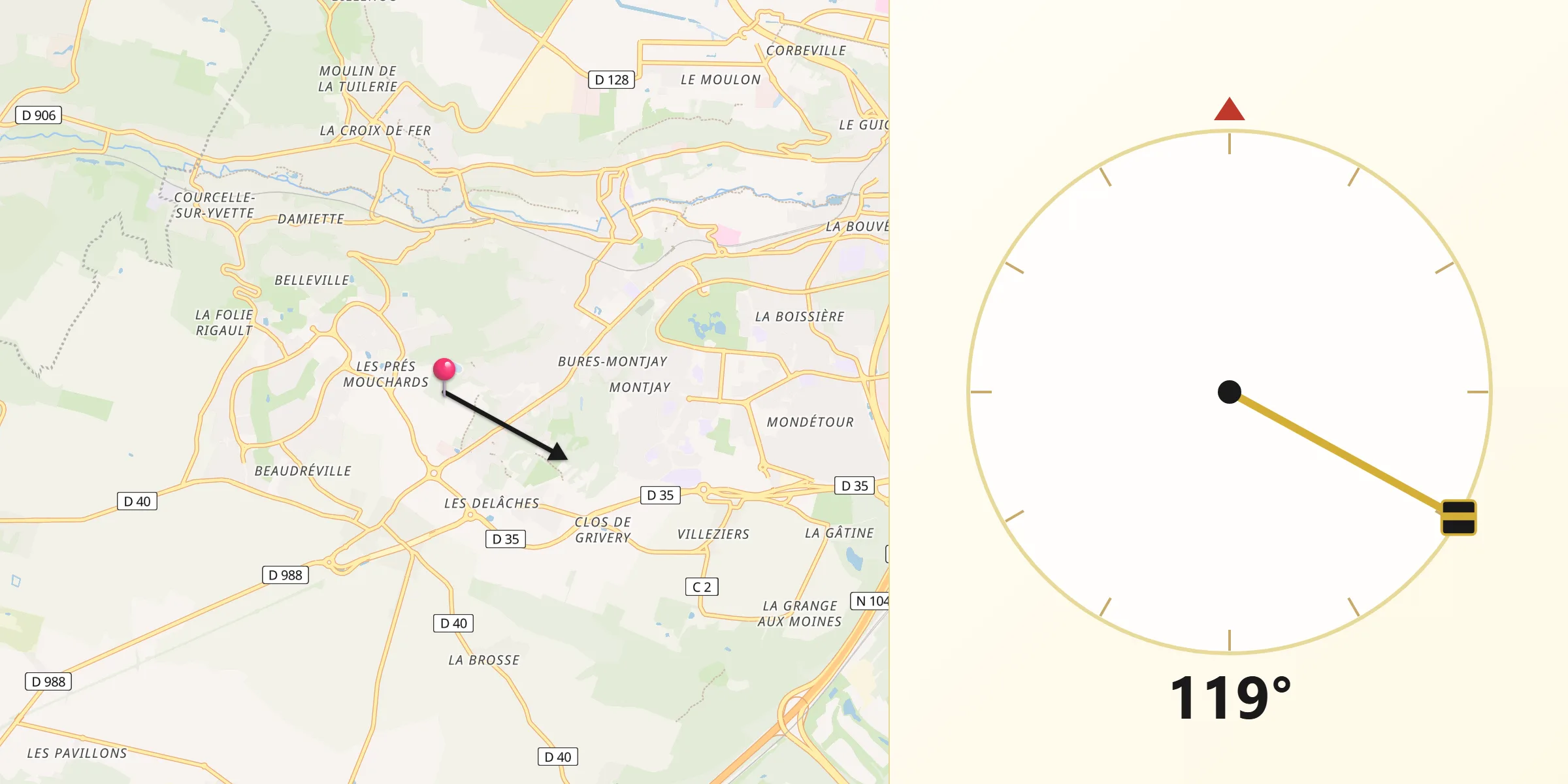 Direction vers la Qibla depuis Gif-sur-Yvette
