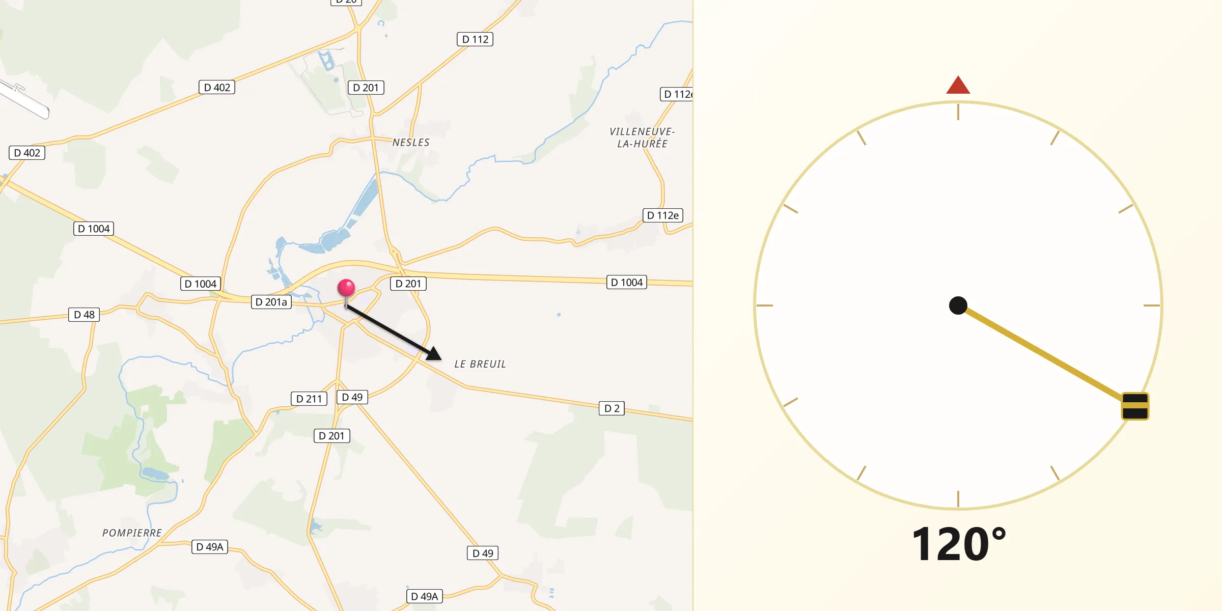 Direction vers la Qibla depuis Rozay-en-Brie