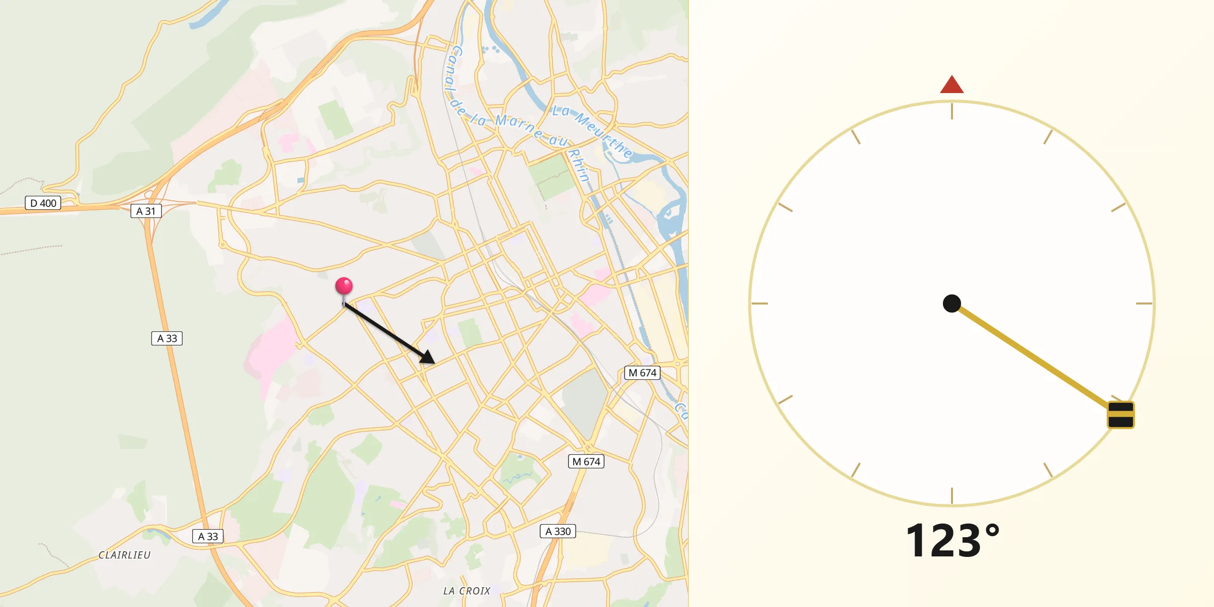 Direction vers la Qibla depuis Laxou