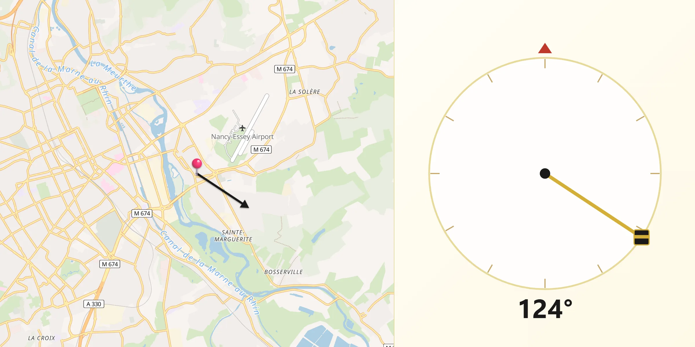 Direction vers la Qibla depuis Tomblaine