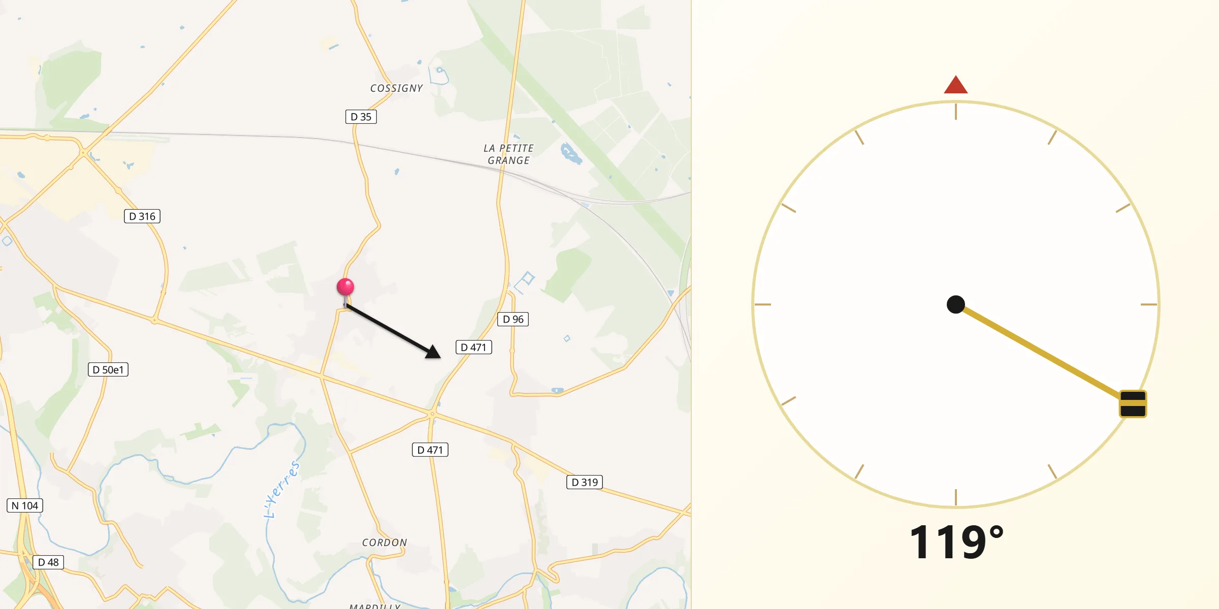 Direction vers la Qibla depuis Grisy-Suisnes
