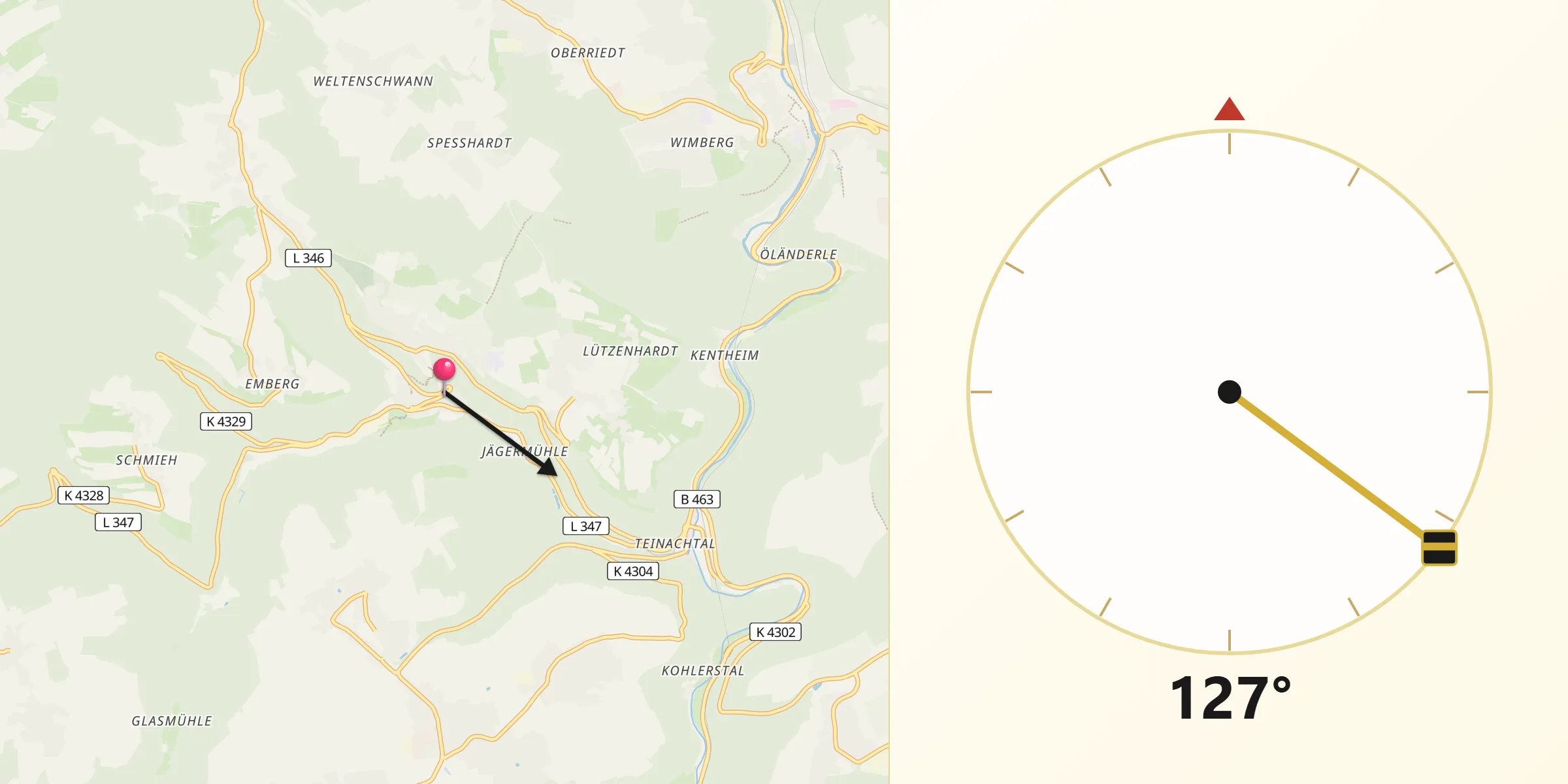 Qibla-Richtung von Bad Teinach-Zavelstein