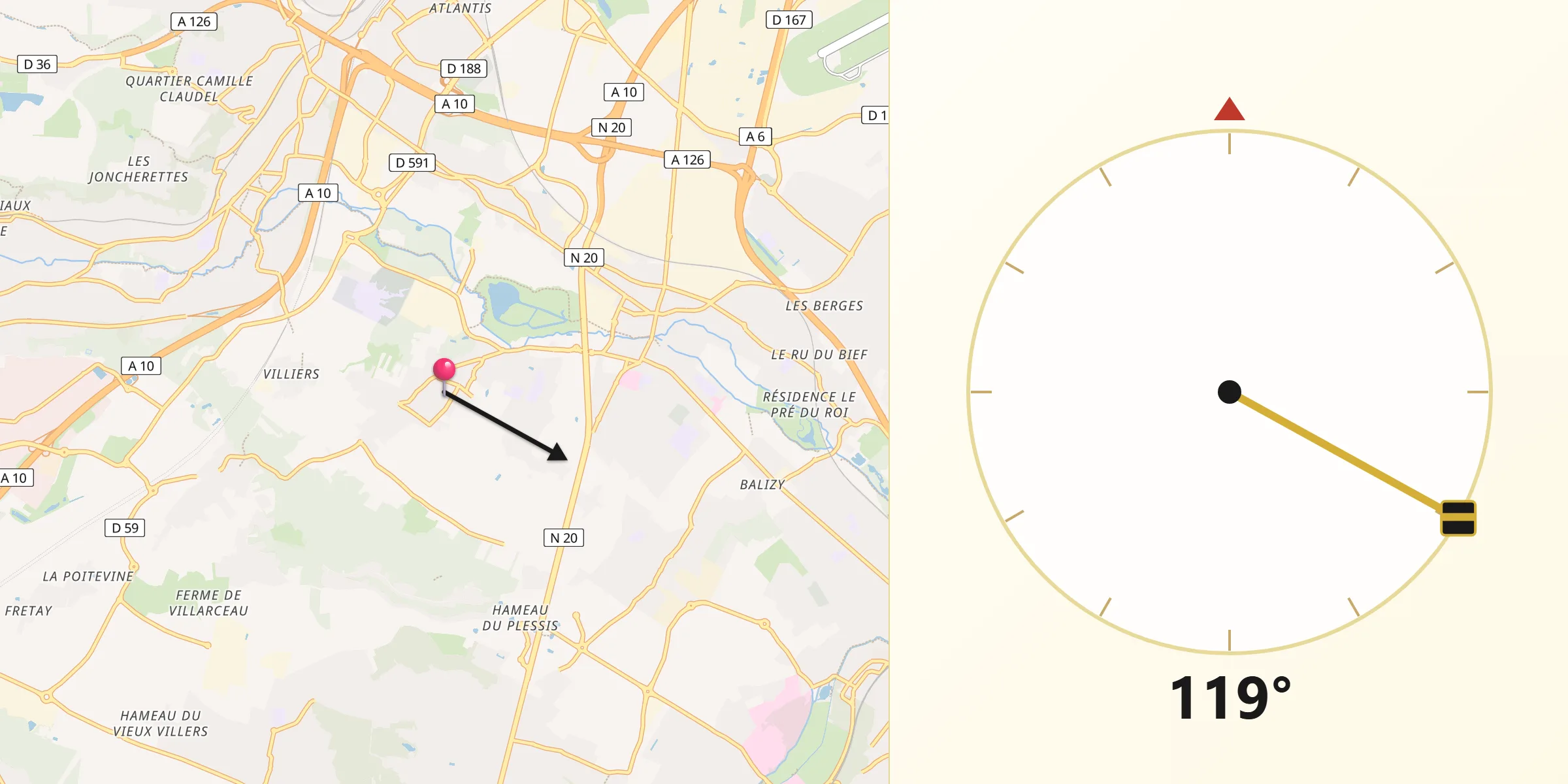 Direction vers la Qibla depuis Saulx-les-Chartreux