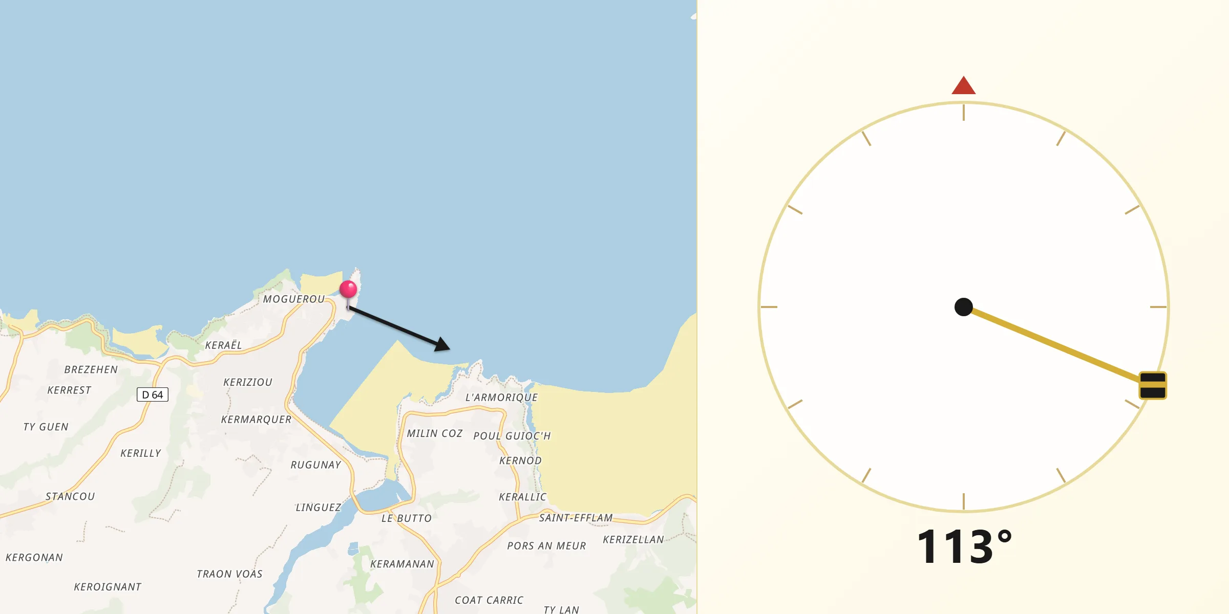Direction vers la Qibla depuis Locquirec