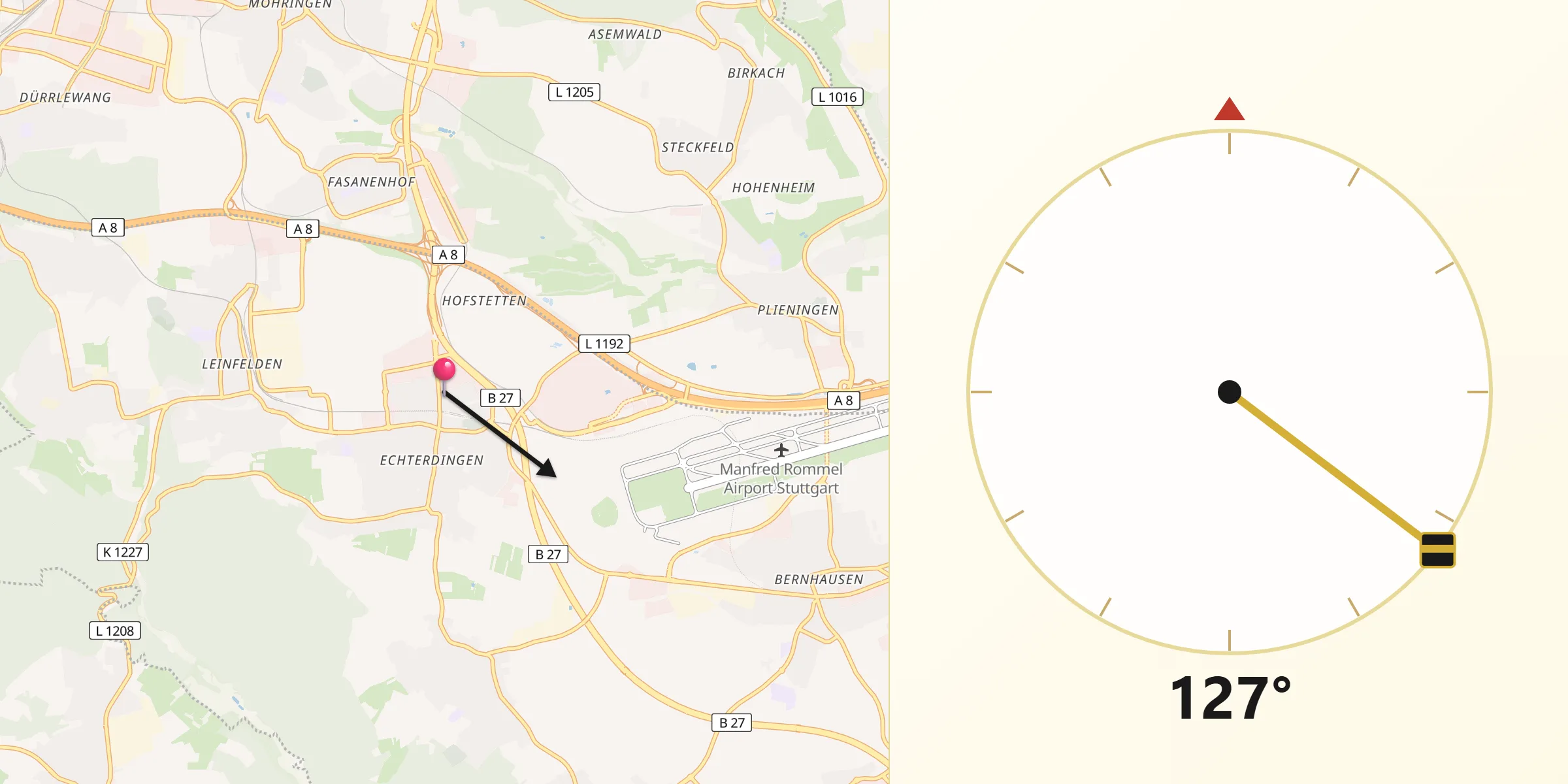 Qibla-Richtung von Leinfelden-Echterdingen