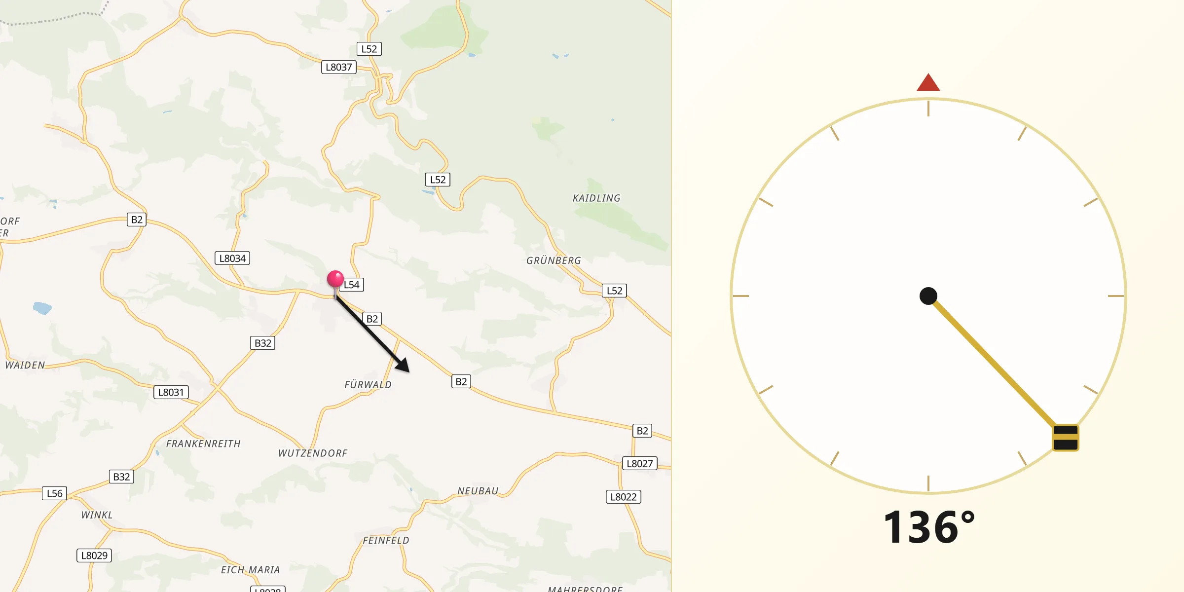 Qibla-Richtung von Brunn an der Wild