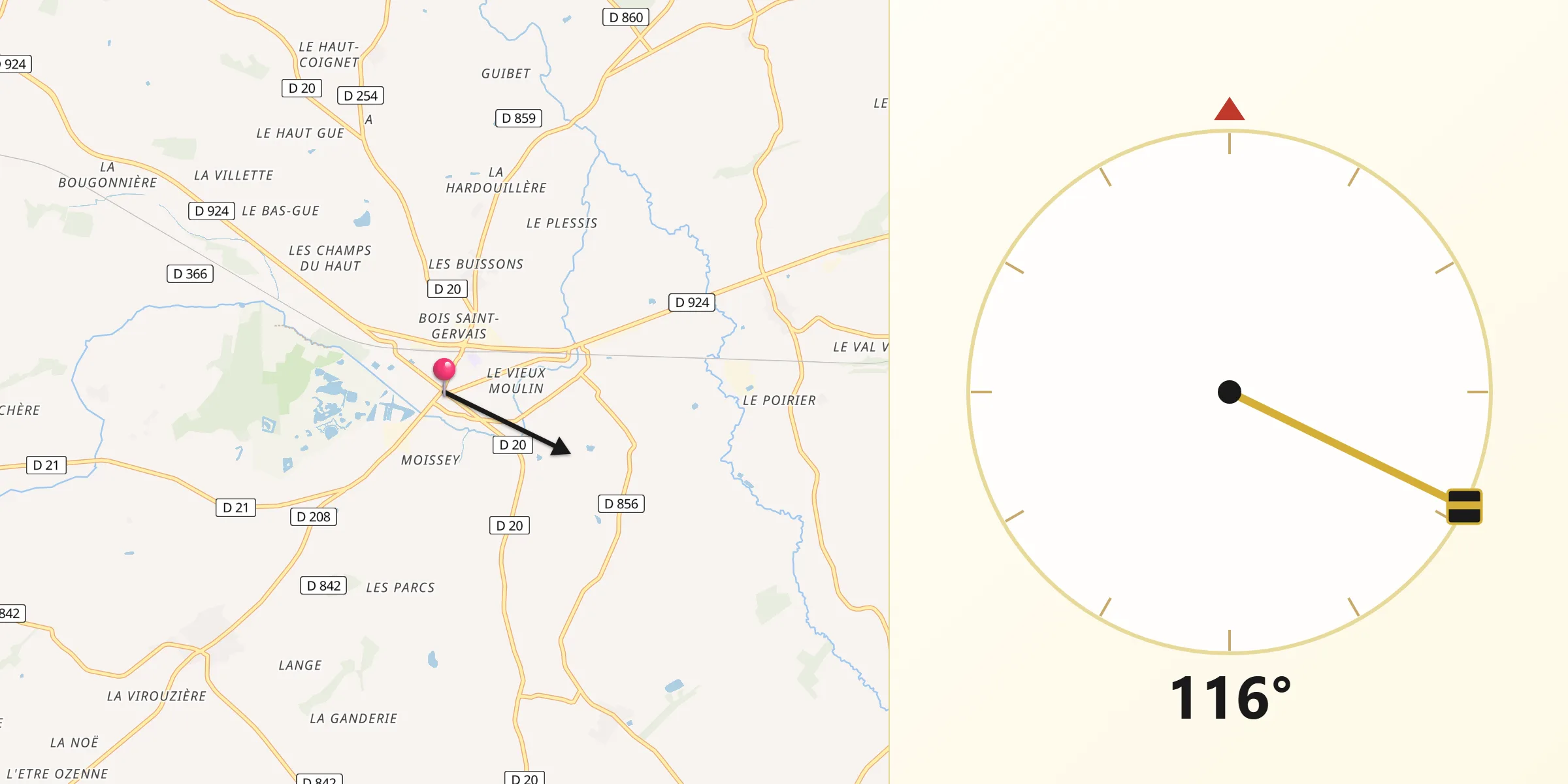 Direction vers la Qibla depuis Briouze