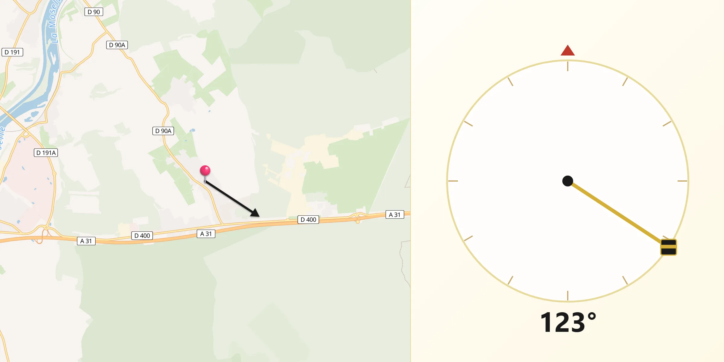 Direction vers la Qibla depuis Velaine-en-Haye