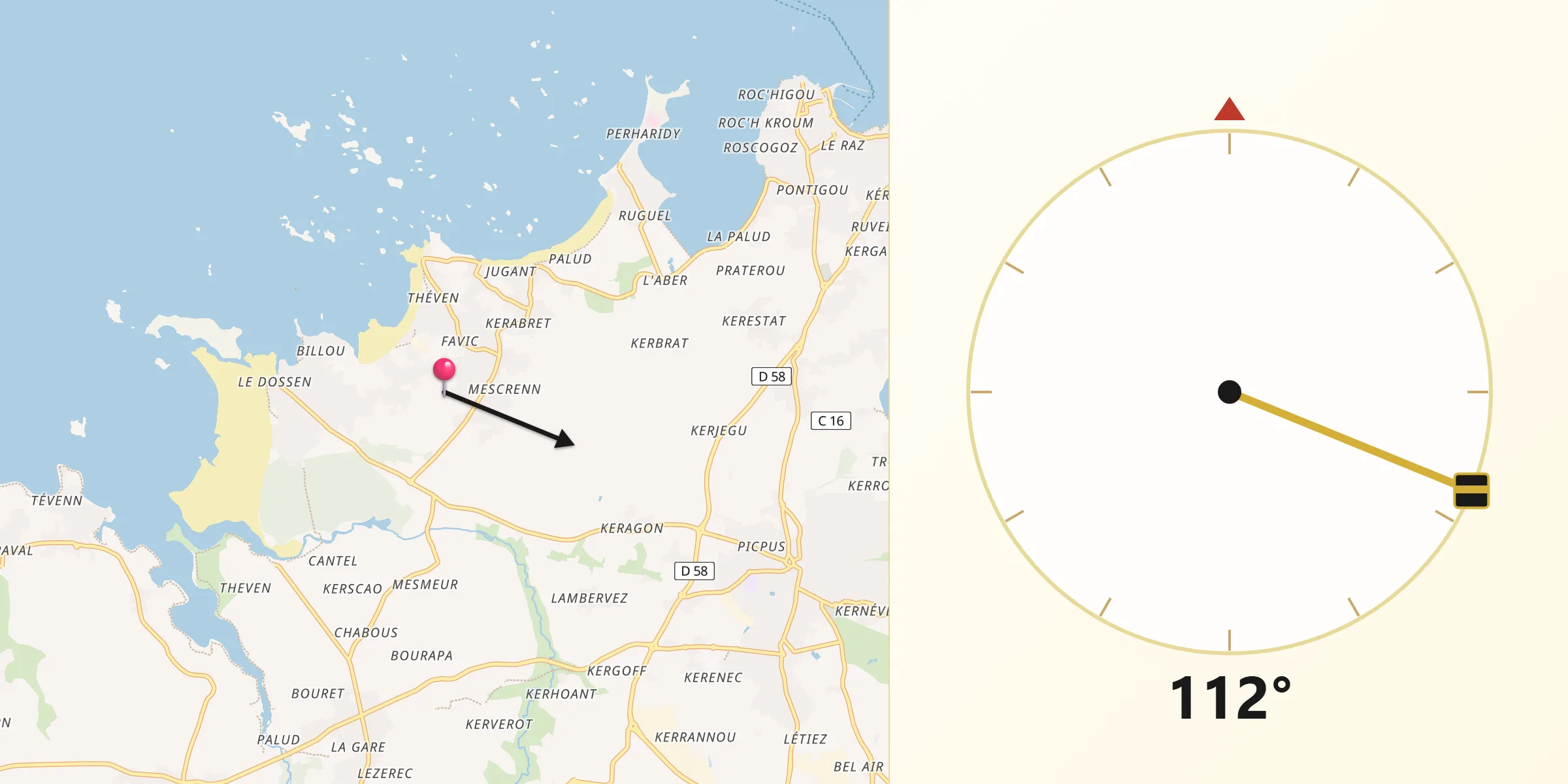 Direction vers la Qibla depuis Santec