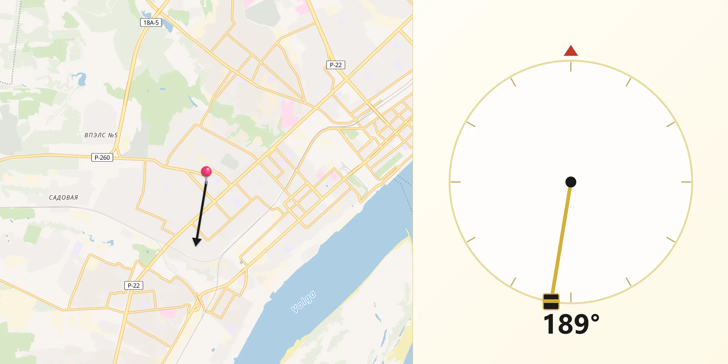 Направление Киблы из Voroshilovskiy District Volgograd