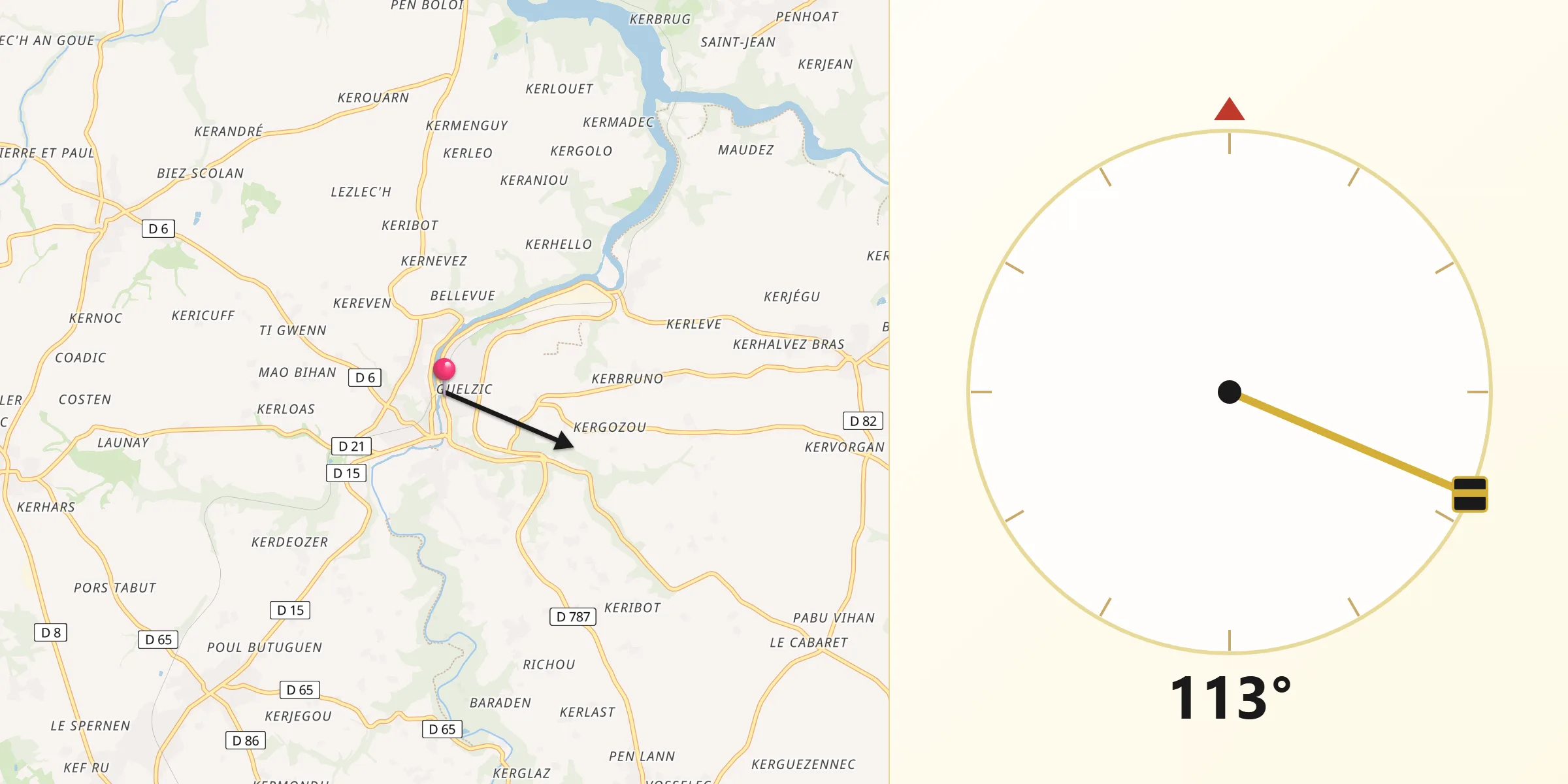 Direction vers la Qibla depuis Pontrieux