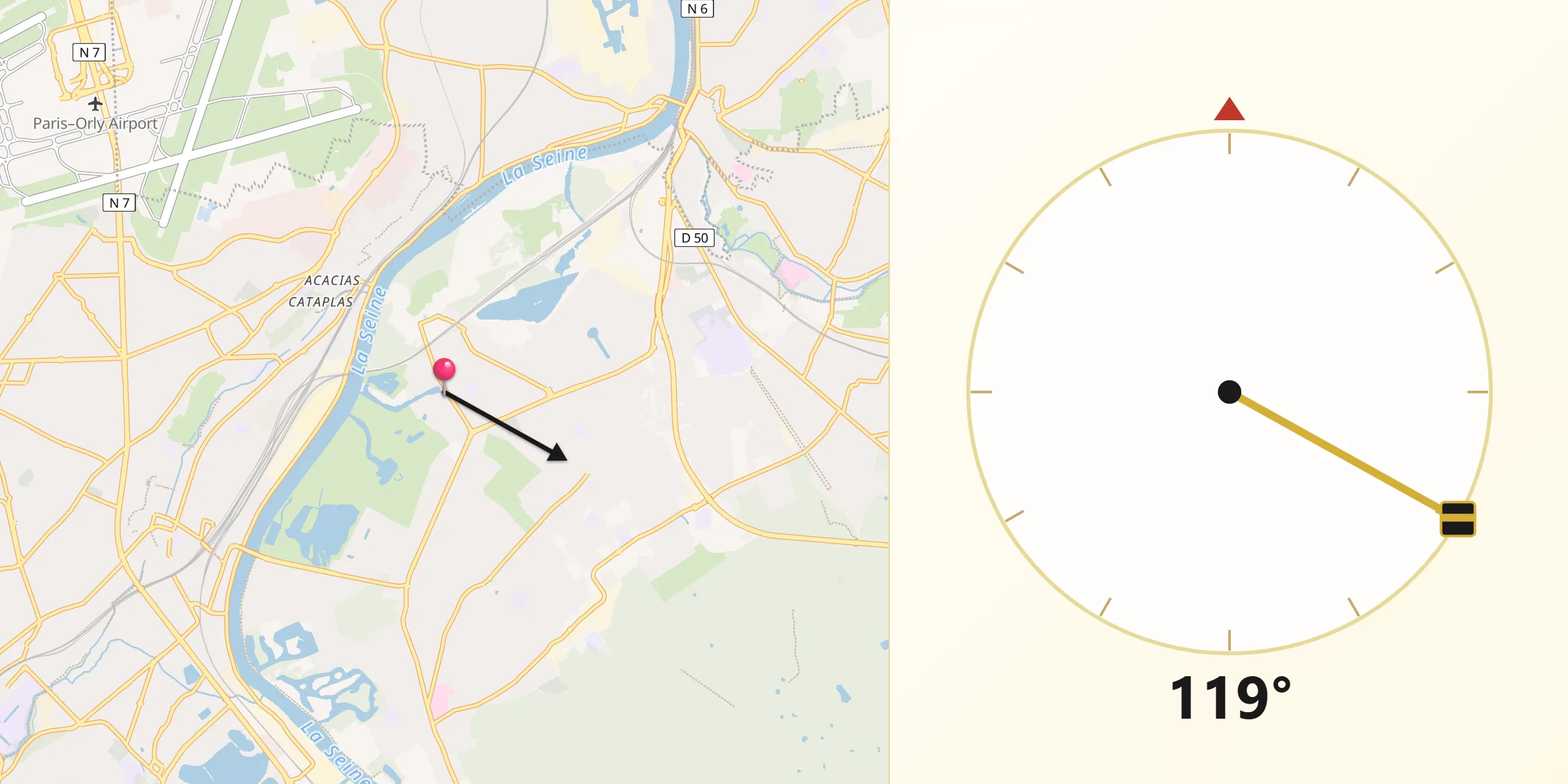 Direction vers la Qibla depuis Vigneux-sur-Seine