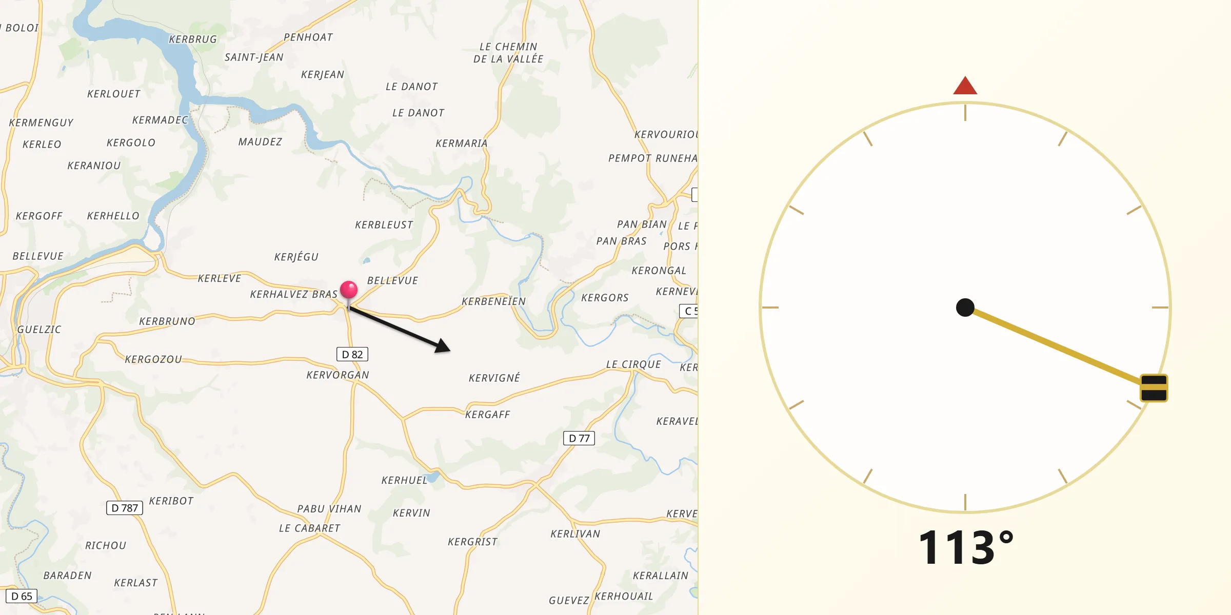 Direction vers la Qibla depuis Quemper-Guézennec