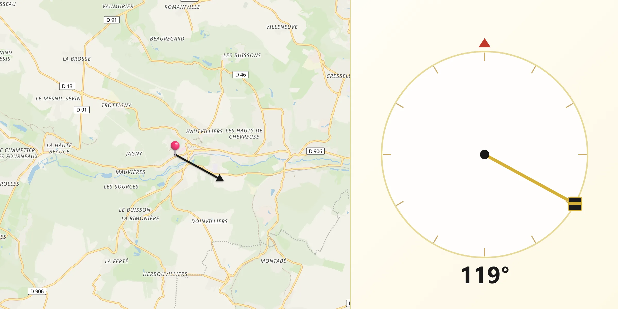Direction vers la Qibla depuis Chevreuse