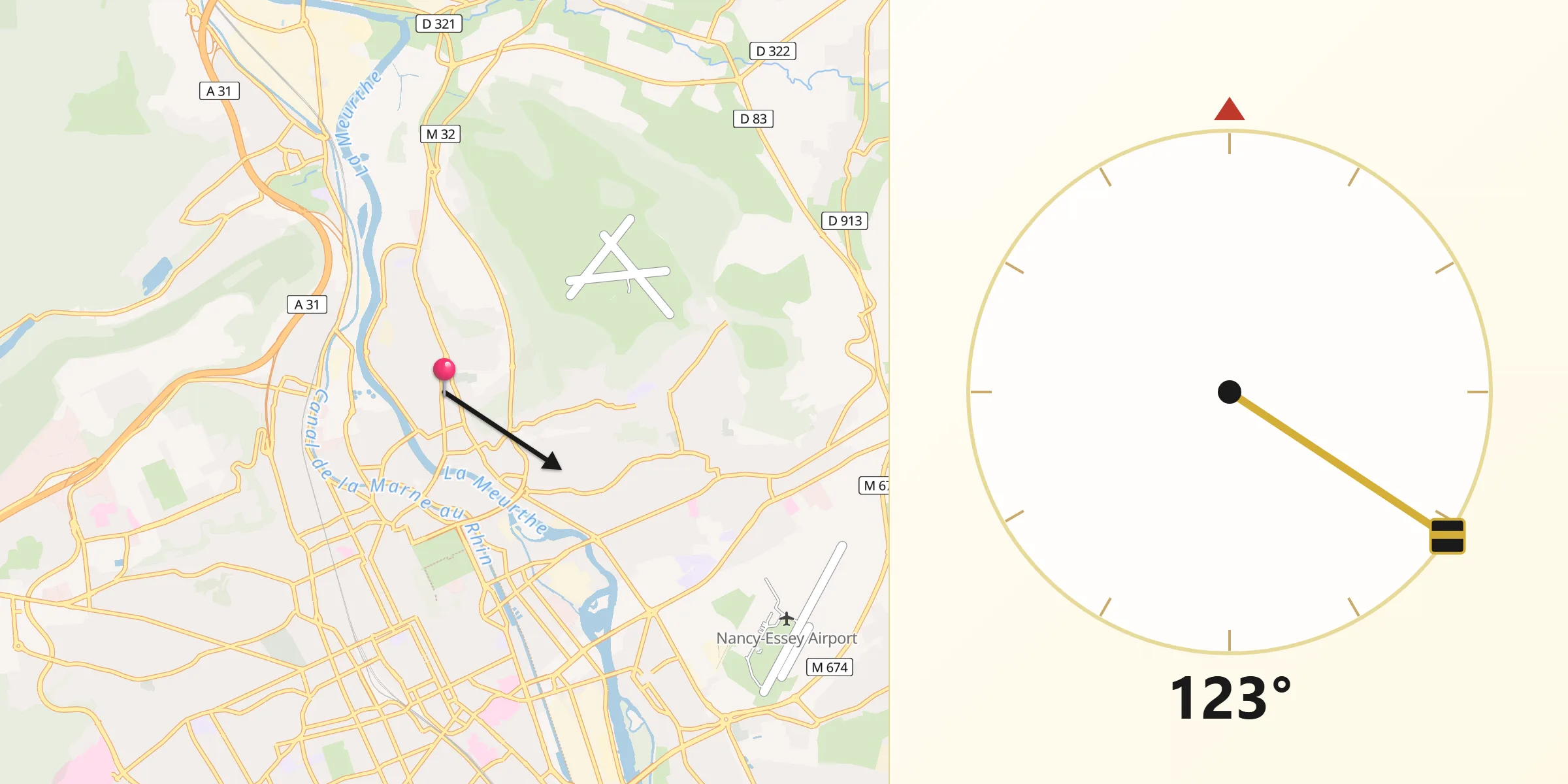 Direction vers la Qibla depuis Malzéville