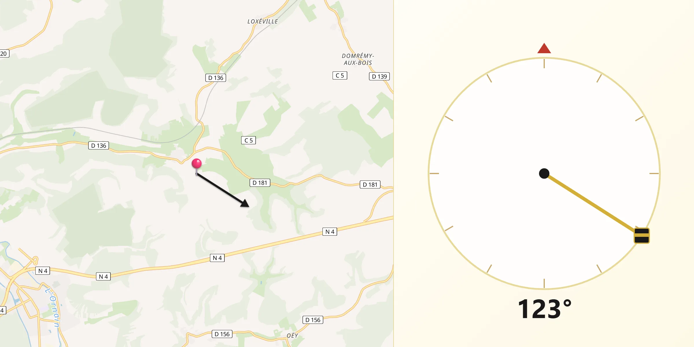 Direction vers la Qibla depuis Nançois-le-Grand