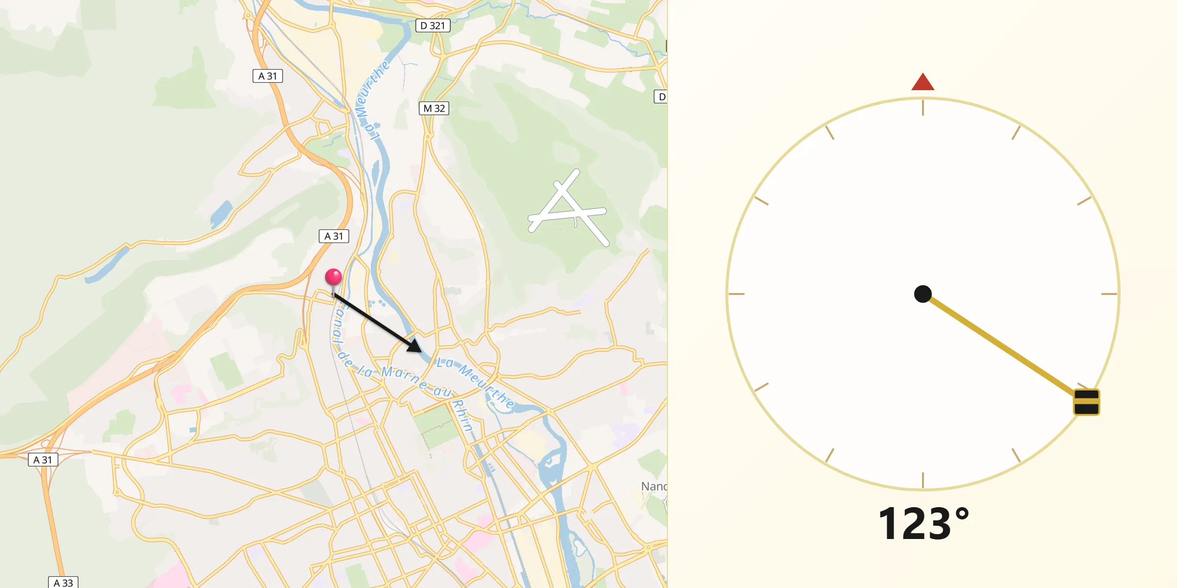 Direction vers la Qibla depuis Maxéville