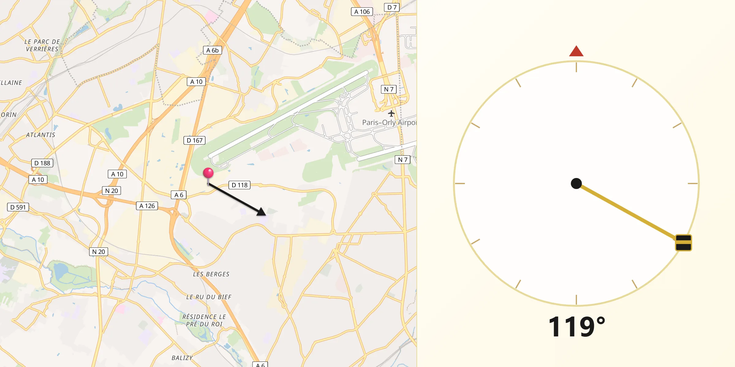 Direction vers la Qibla depuis Chilly-Mazarin